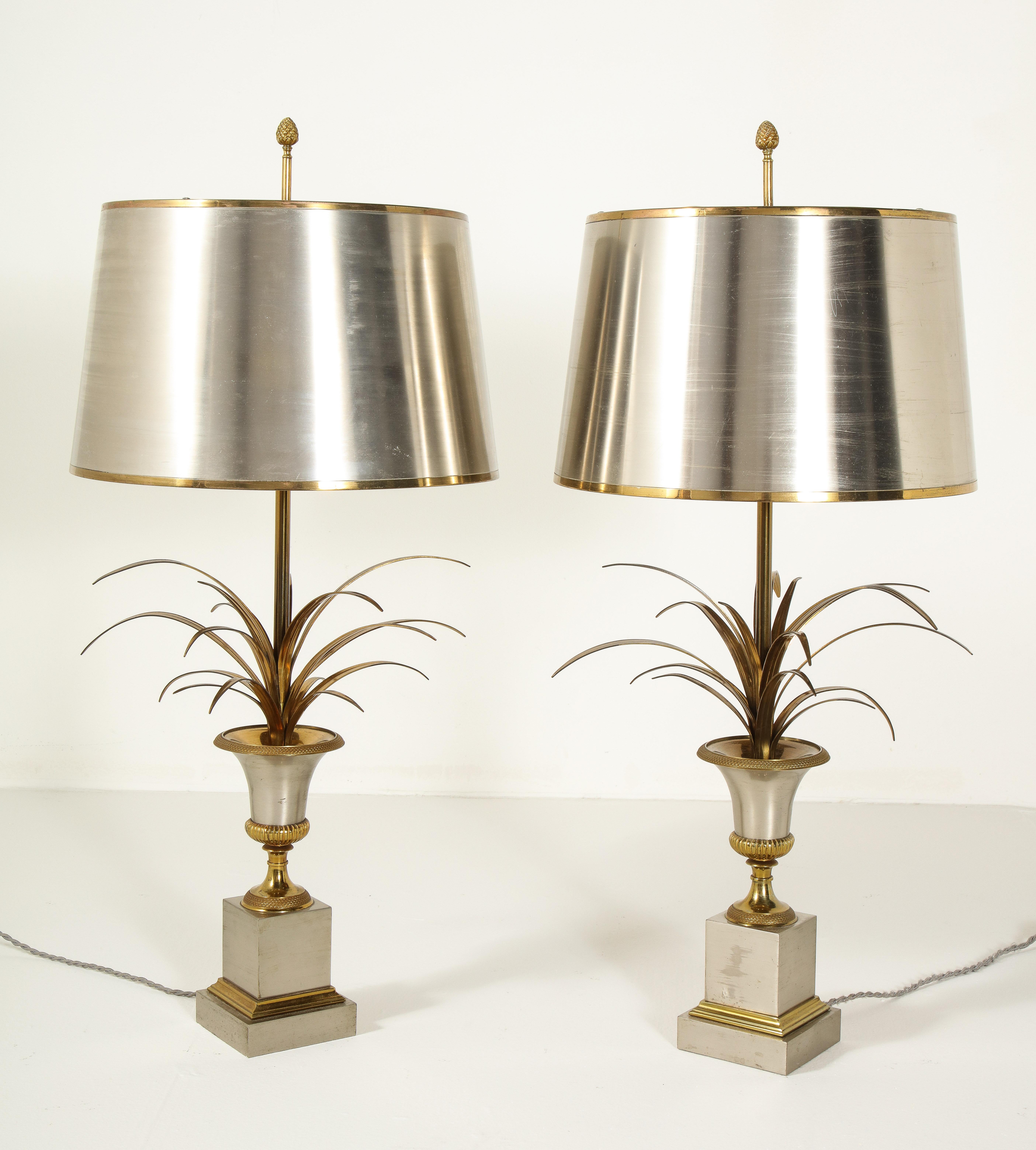 Mid-20th Century Pair of Stamped Maison Charles Brass and Steel Palmier Table Lamps, French 1960s