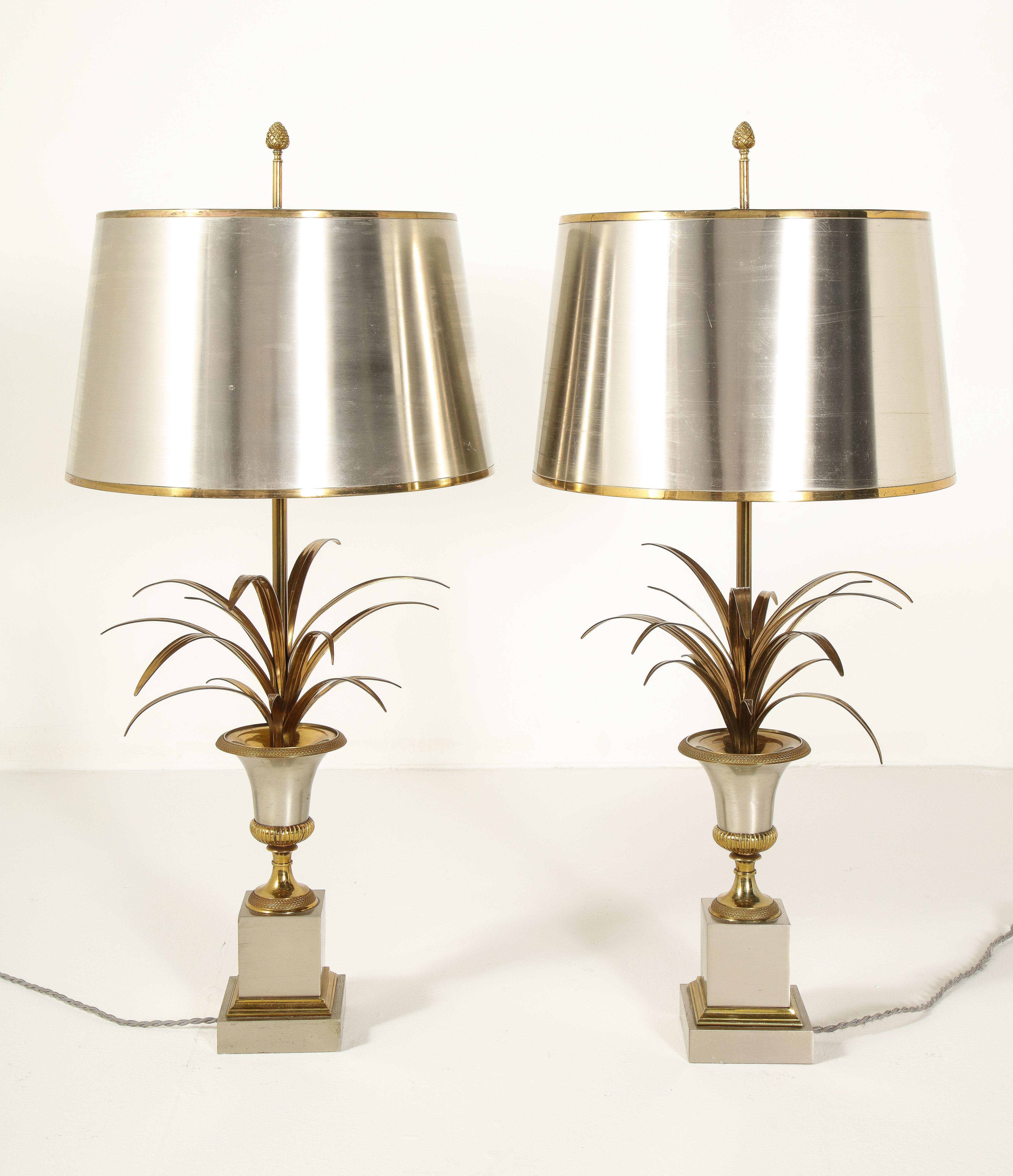 Pair of Stamped Maison Charles Brass and Steel Palmier Table Lamps, French 1960s 4