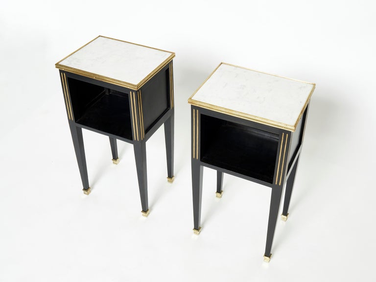 Mid-Century Modern Pair of Stamped Maison Jansen Black Brass Marble Nightstands, 1950s For Sale