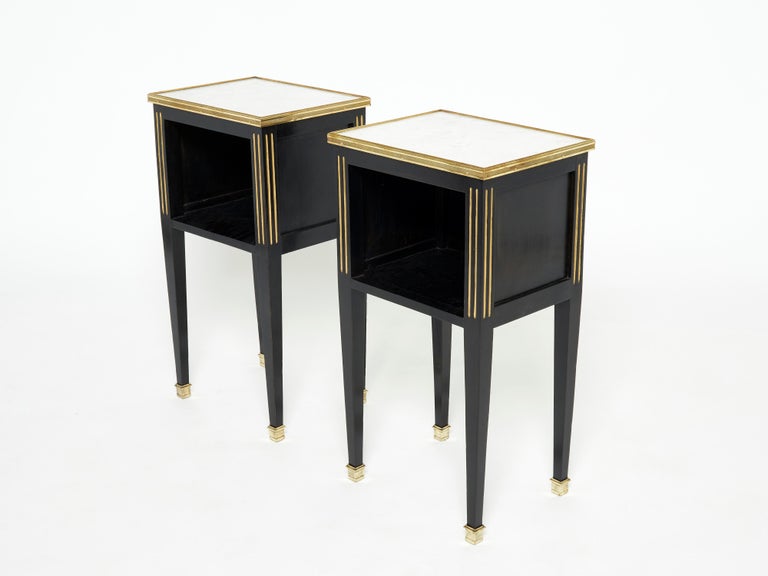 French Pair of Stamped Maison Jansen Black Brass Marble Nightstands, 1950s For Sale