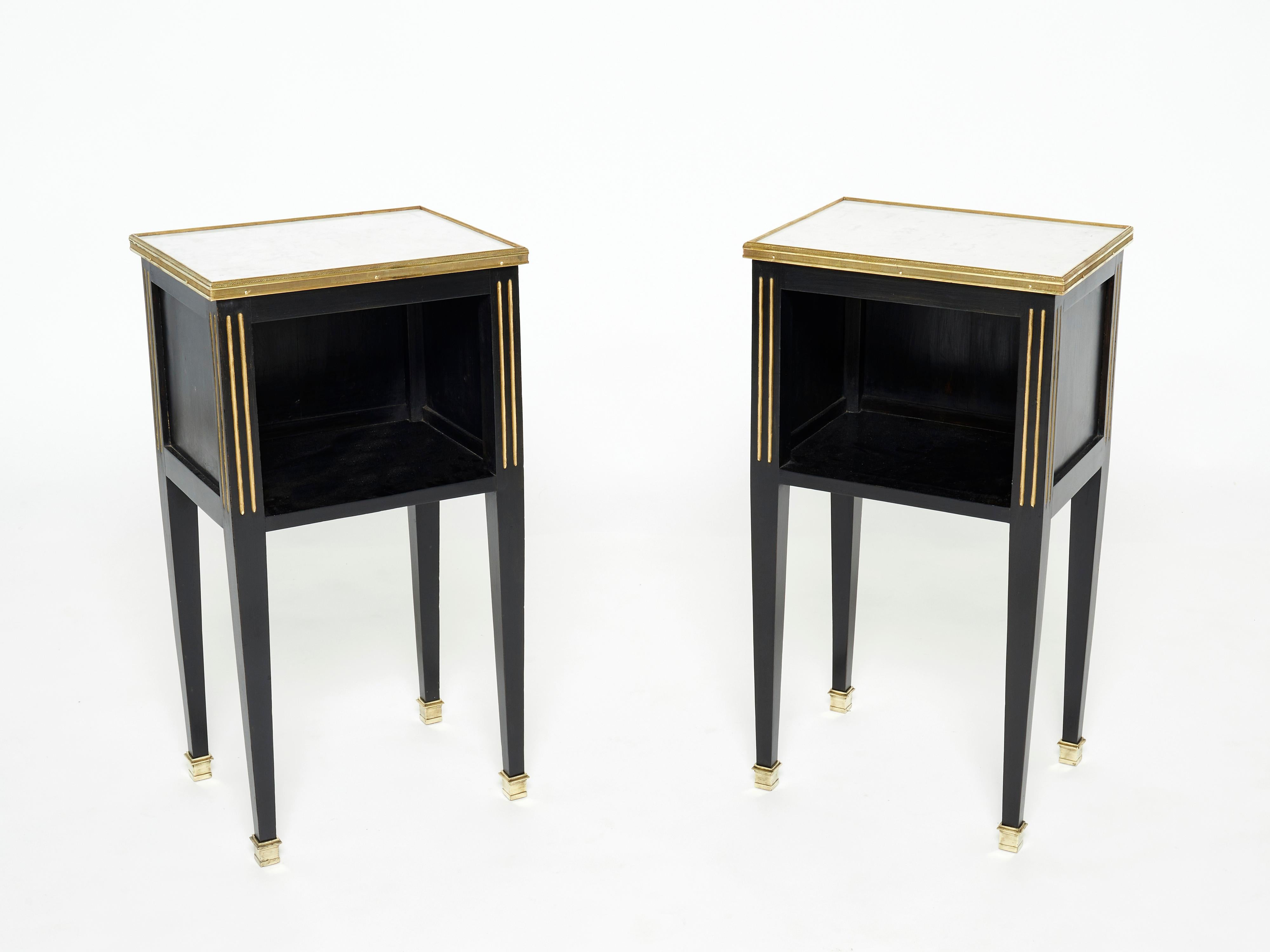 Pair of Stamped Maison Jansen Black Brass Marble Nightstands, 1950s In Good Condition For Sale In Paris, IDF