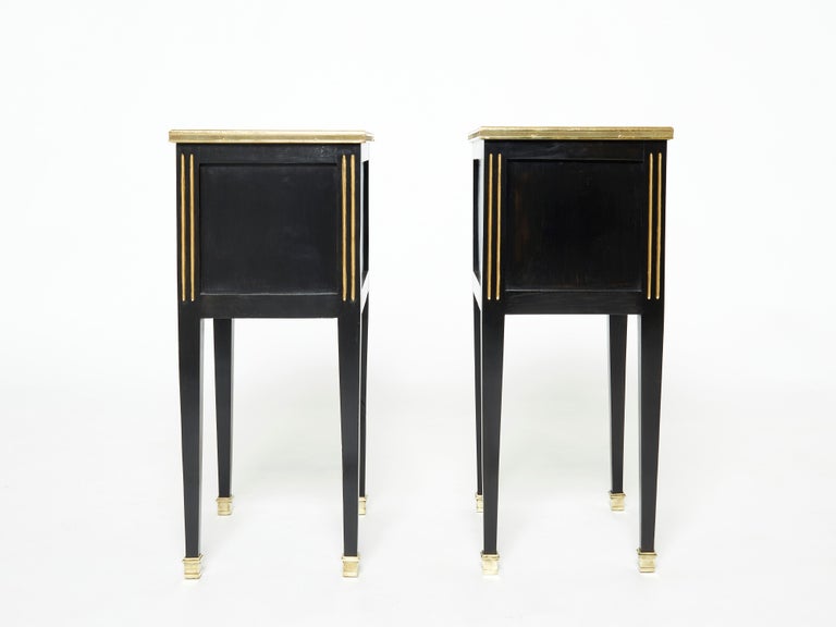 Mid-20th Century Pair of Stamped Maison Jansen Black Brass Marble Nightstands, 1950s For Sale
