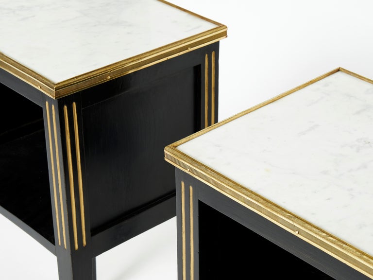 Pair of Stamped Maison Jansen Black Brass Marble Nightstands, 1950s For Sale 1