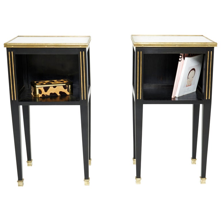 Pair of Stamped Maison Jansen Black Brass Marble Nightstands, 1950s For Sale
