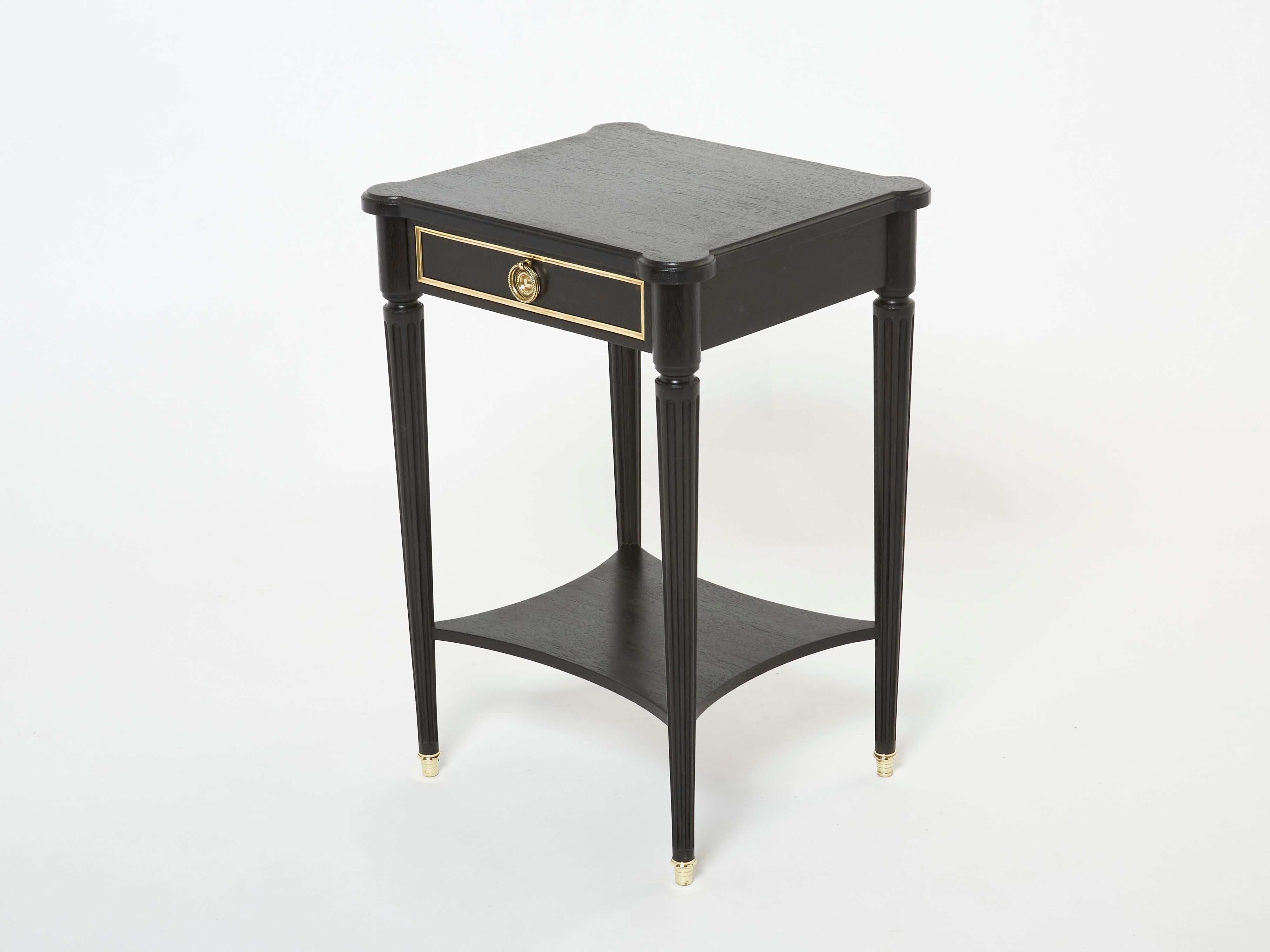 Pair of stamped Maurice Hirsch black wood brass nightstands 1960s 5