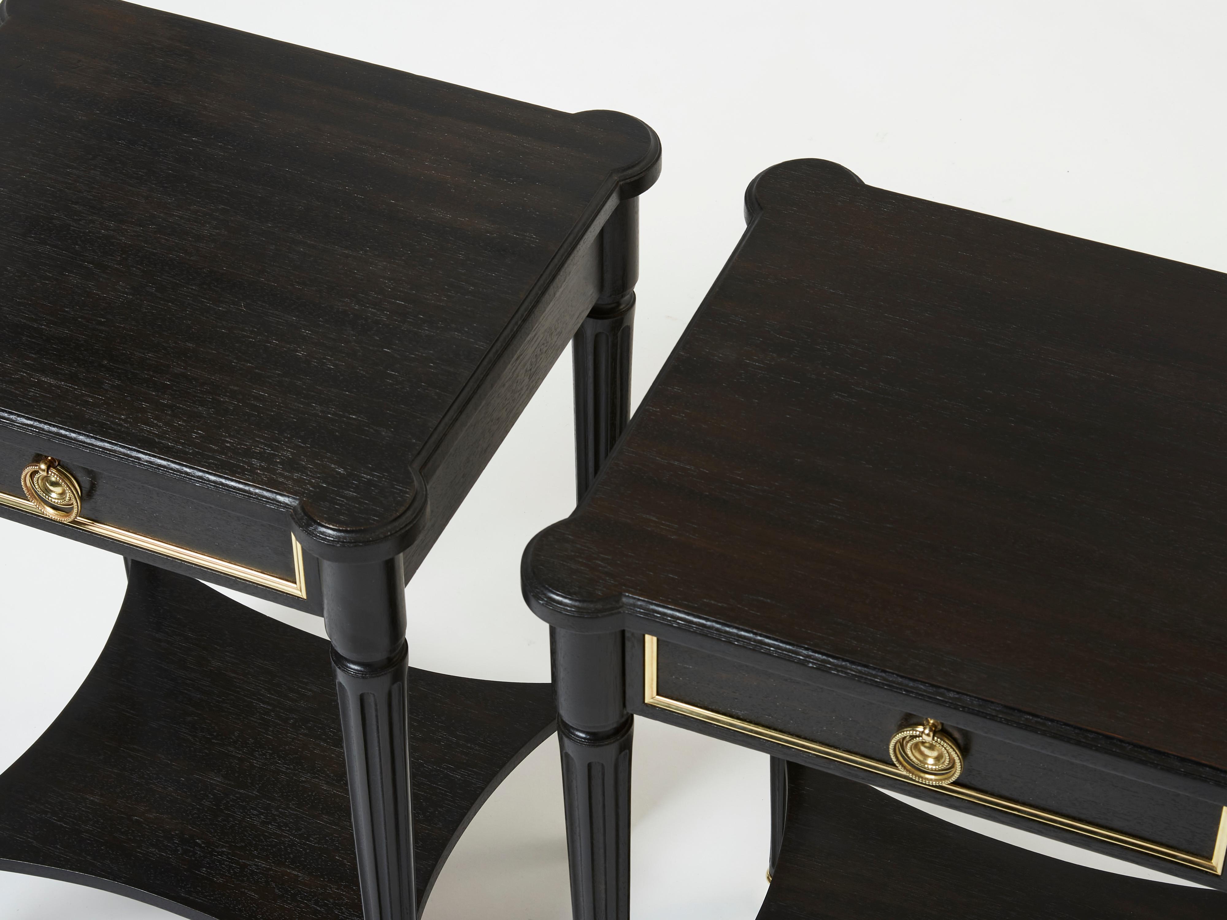 Mid-Century Modern Pair of stamped Maurice Hirsch black wood brass nightstands 1960s