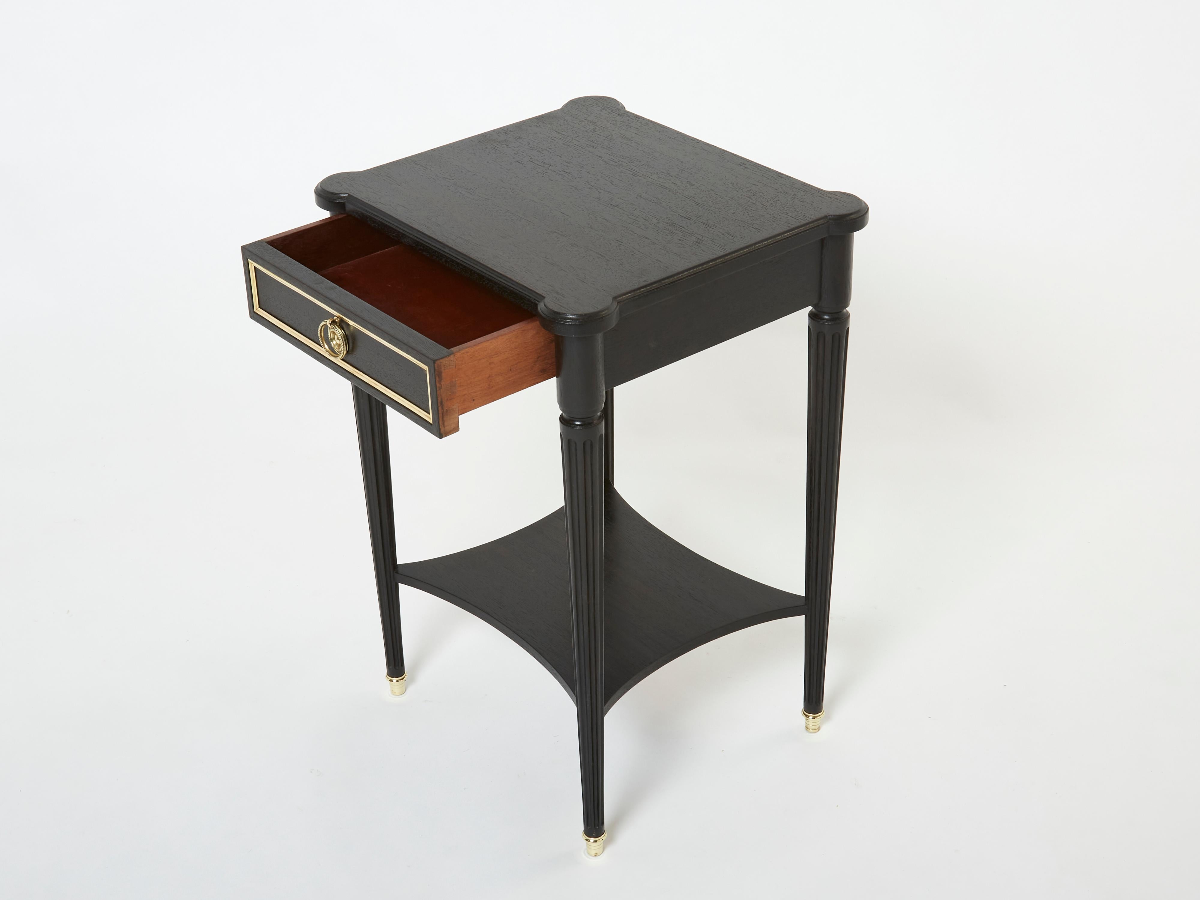 Pair of stamped Maurice Hirsch black wood brass nightstands 1960s In Good Condition In Paris, IDF