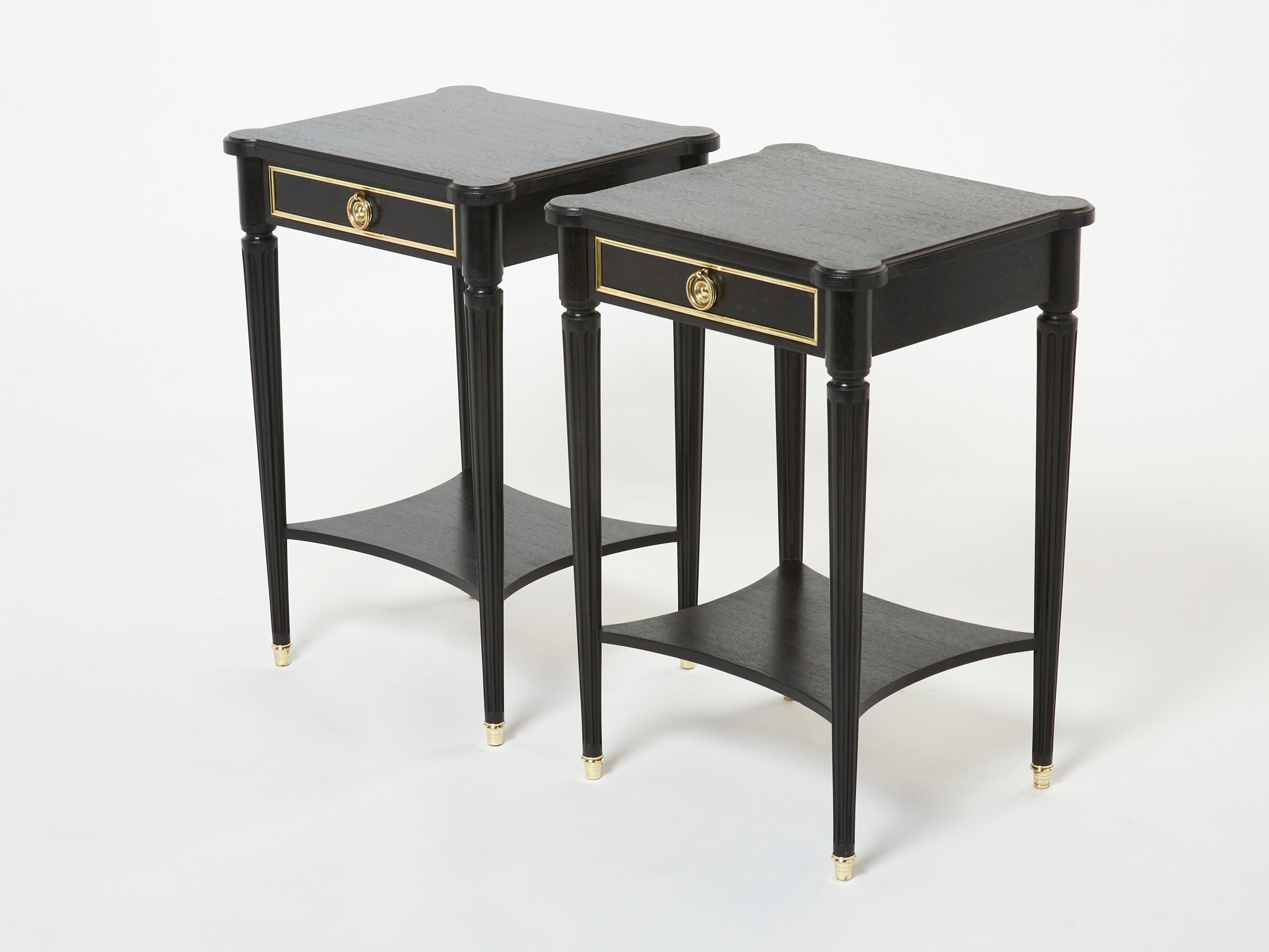 Pair of stamped Maurice Hirsch black wood brass nightstands 1960s 1