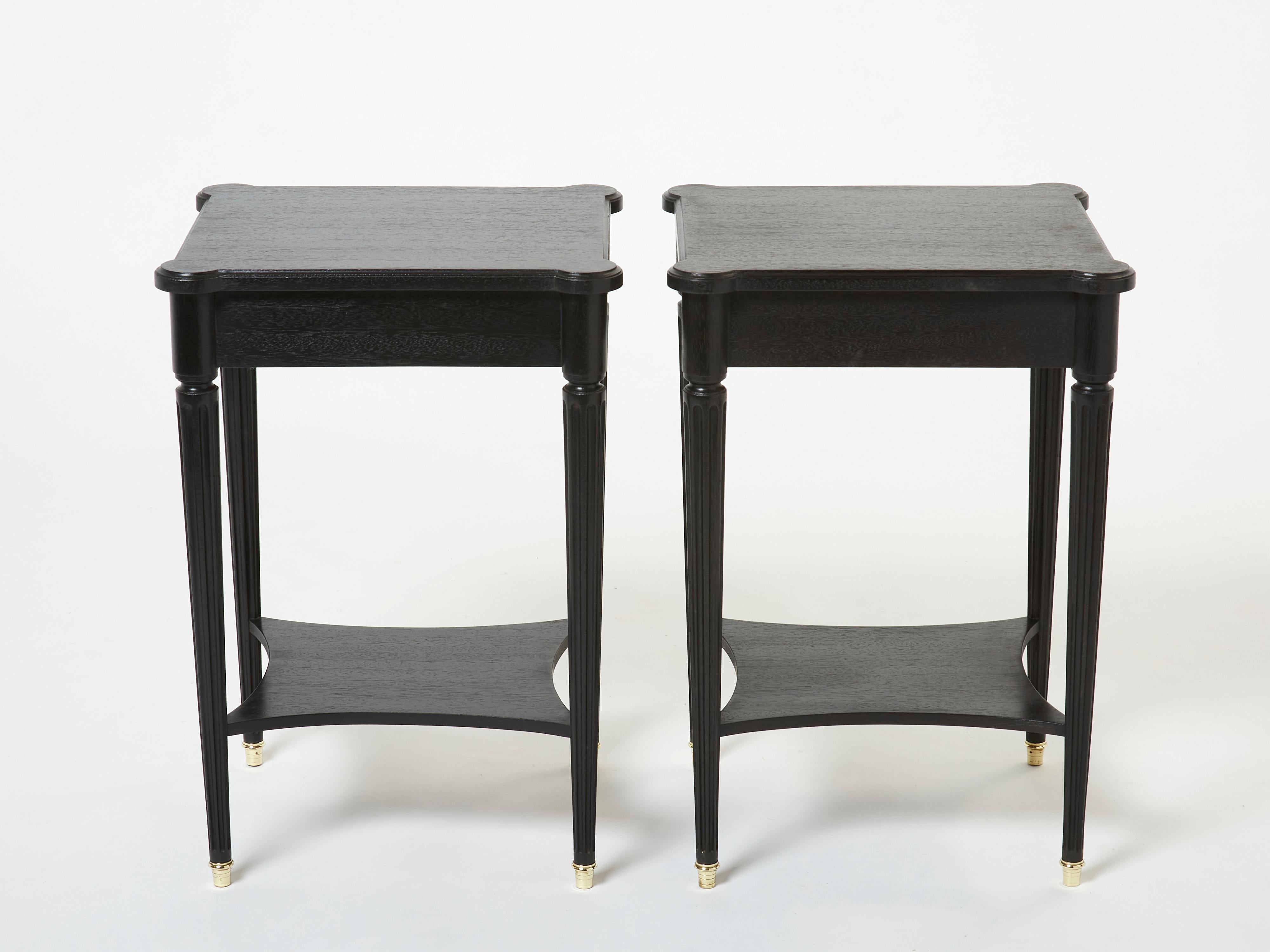 Pair of stamped Maurice Hirsch black wood brass nightstands 1960s 2