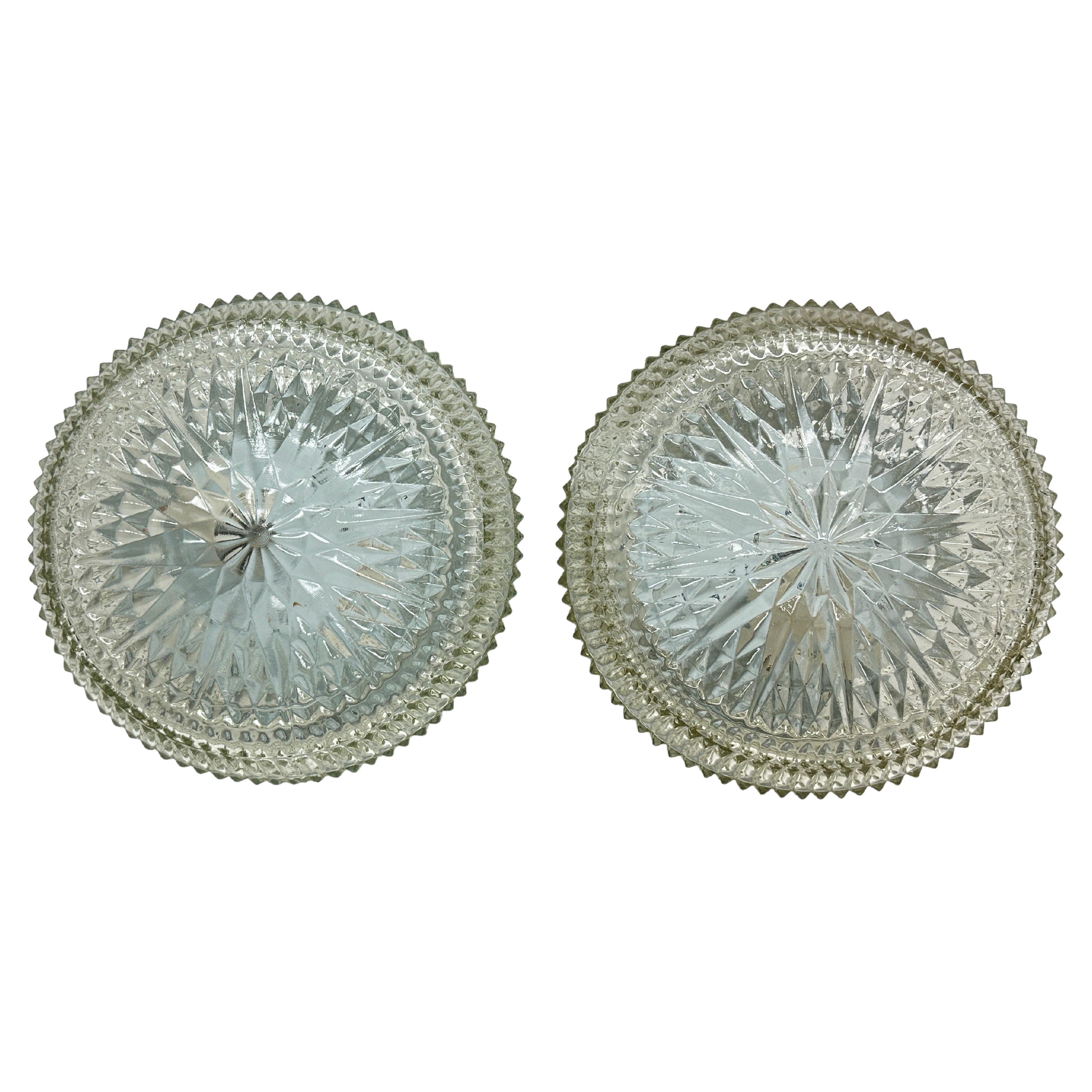 Pair of Star Pattern Clear Glass Flush Mount Ceiling Lights, 1970s