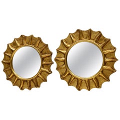 Pair of Starburst Sunburst Gilded Wood Mirror, German