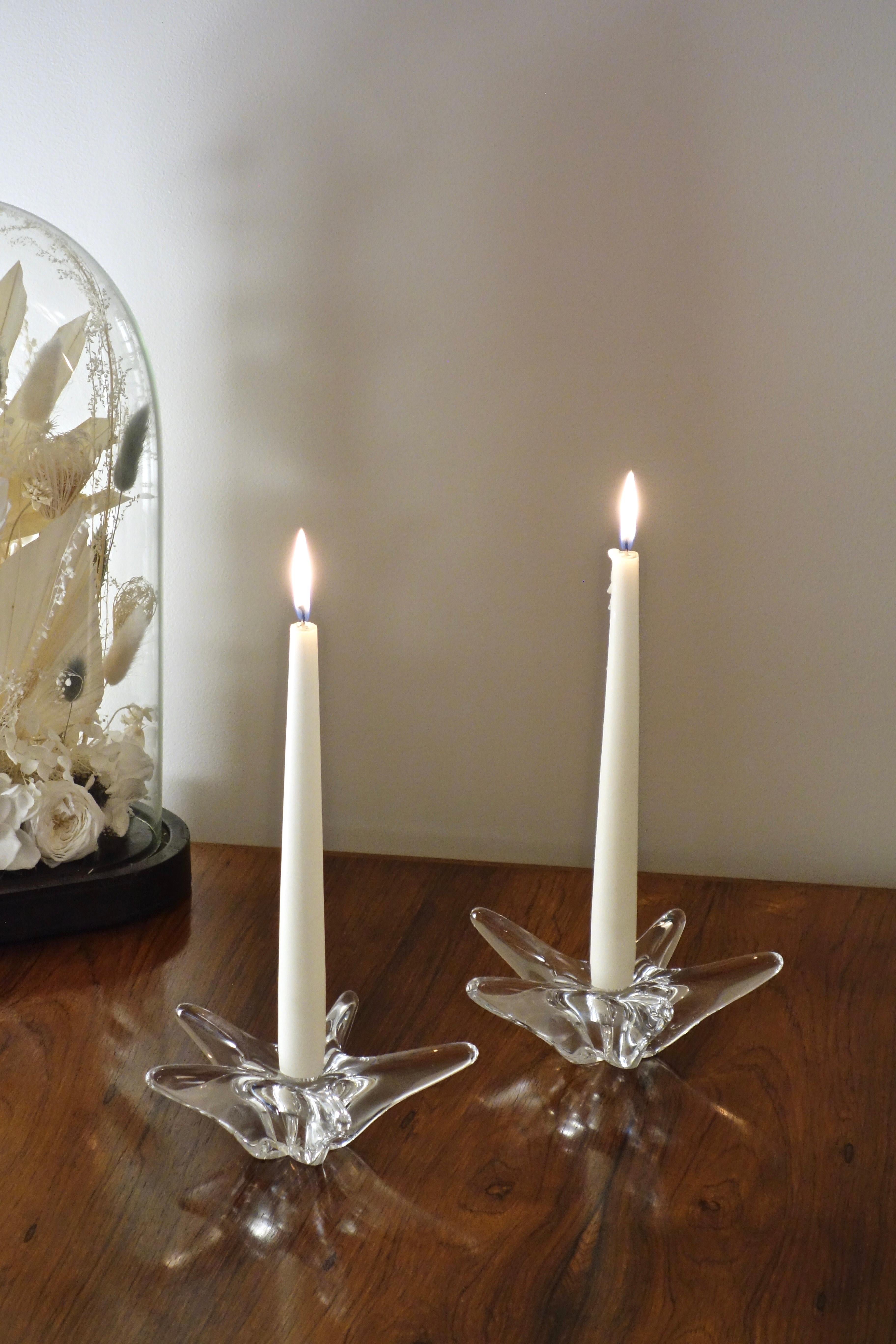 Pair of Starfish Crystal Candlesticks signed Daum, France 1950's 4