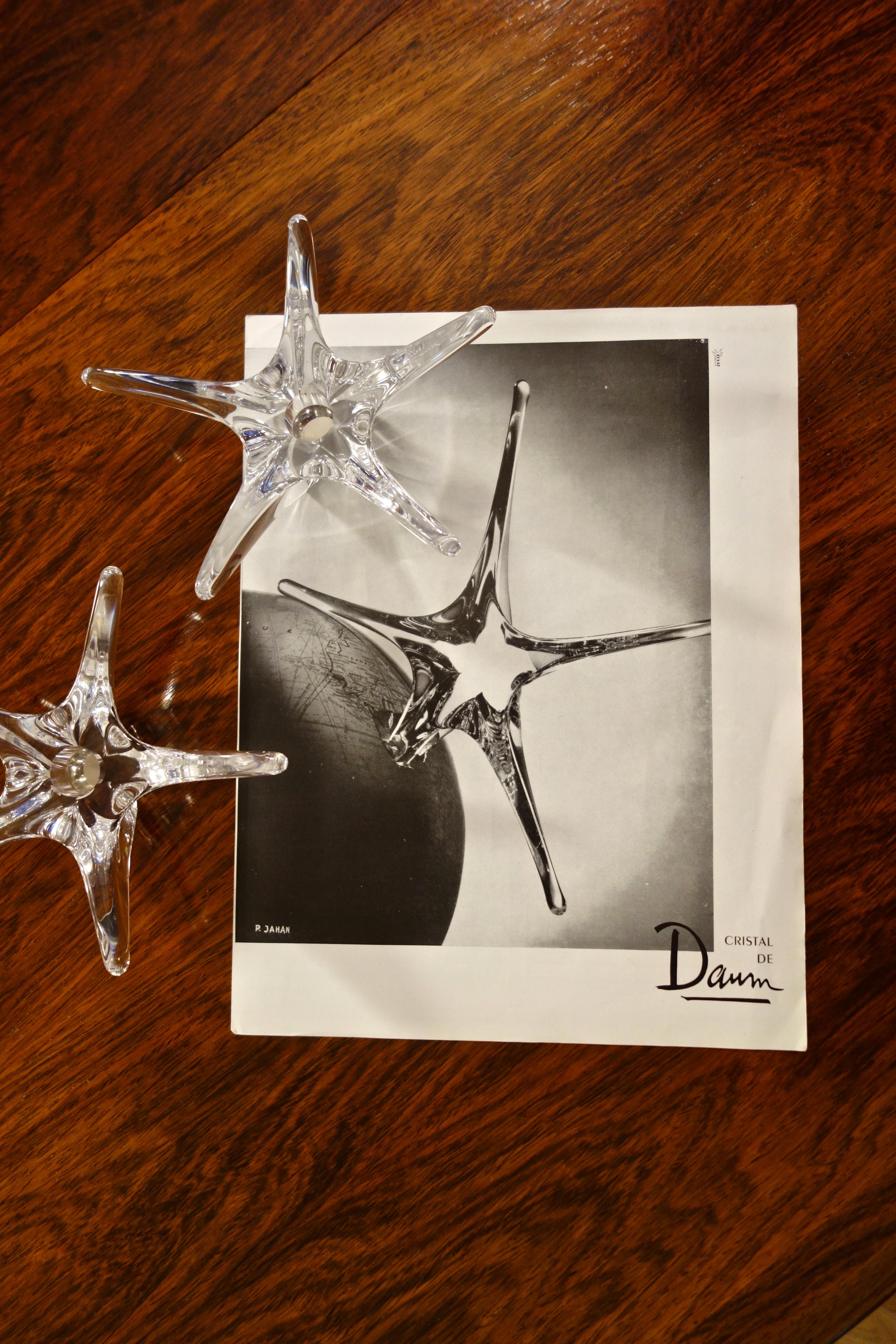 Mid-Century Modern Pair of Starfish Crystal Candlesticks signed Daum, France 1950's