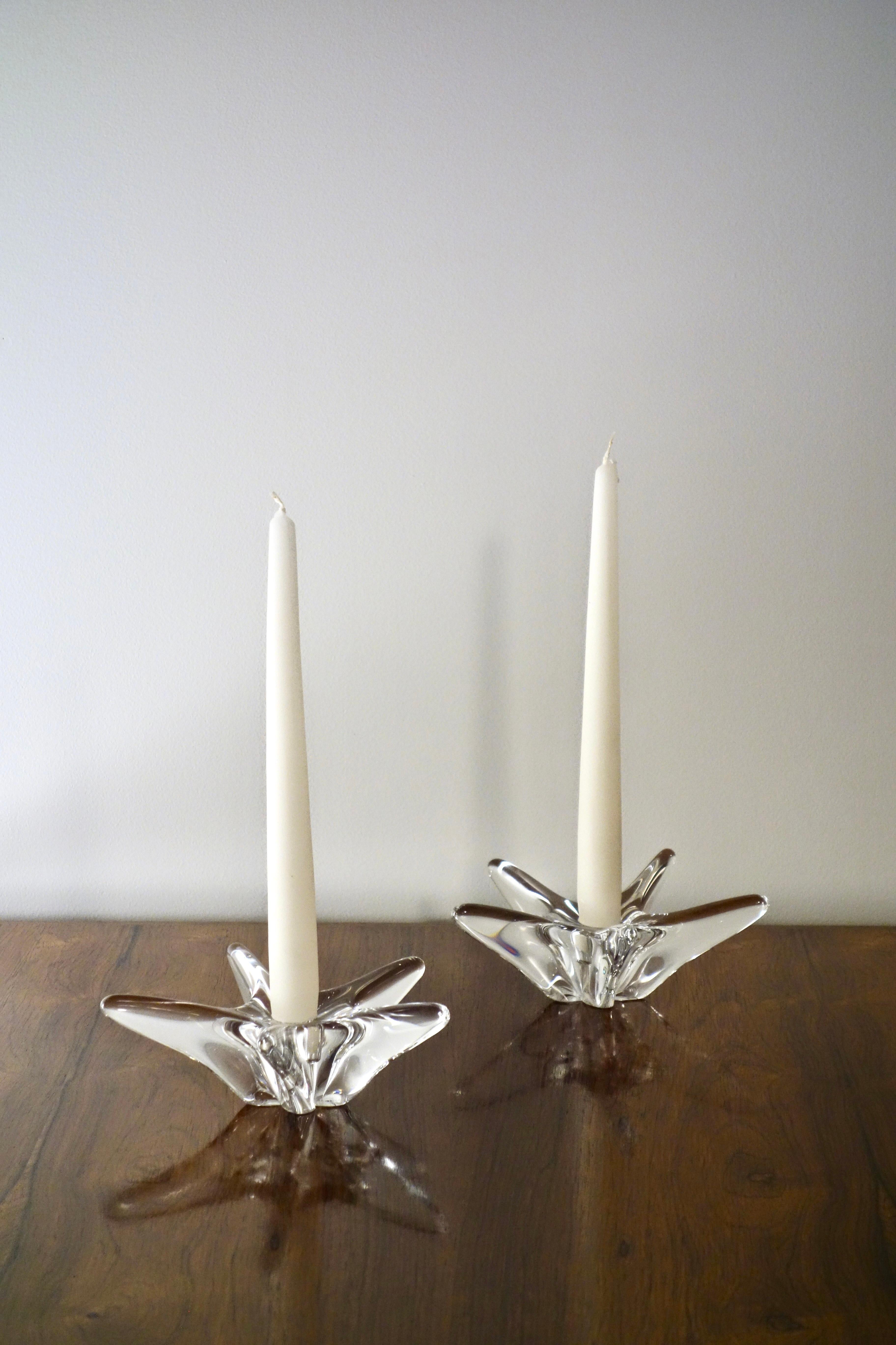 French Pair of Starfish Crystal Candlesticks signed Daum, France 1950's