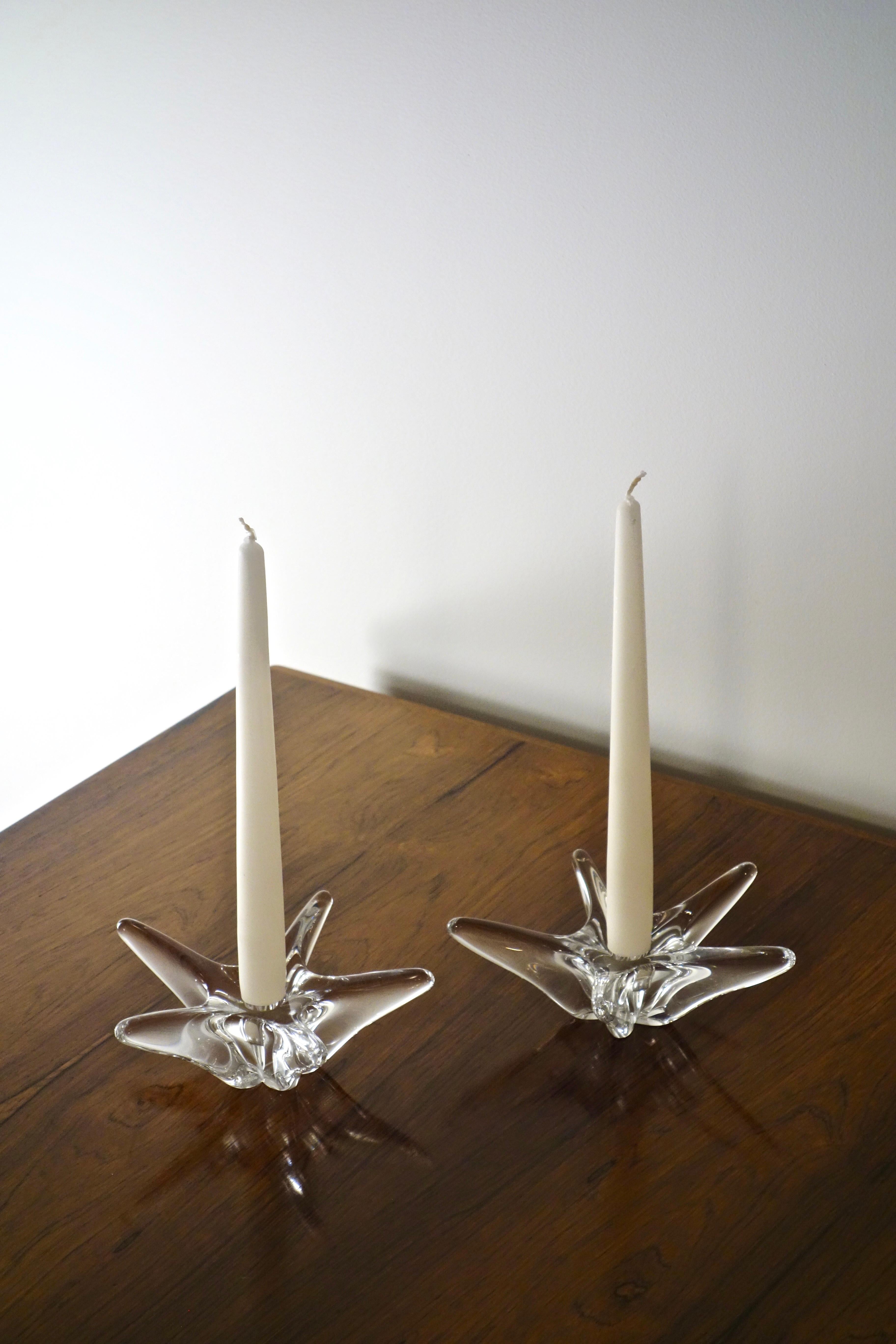 Pair of Starfish Crystal Candlesticks signed Daum, France 1950's 2