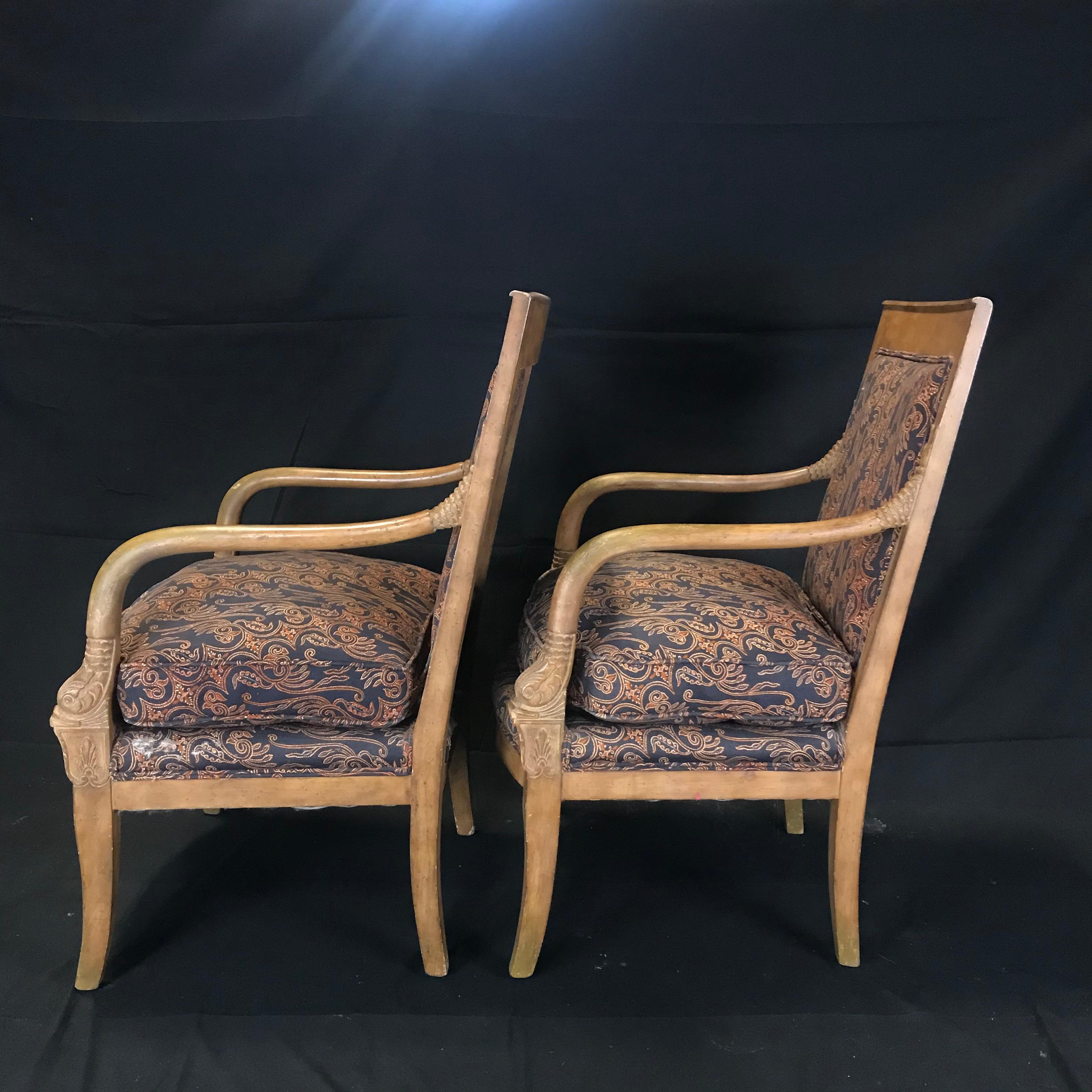 Mid-20th Century Pair of Stately Antique French Empire Style Armchairs For Sale