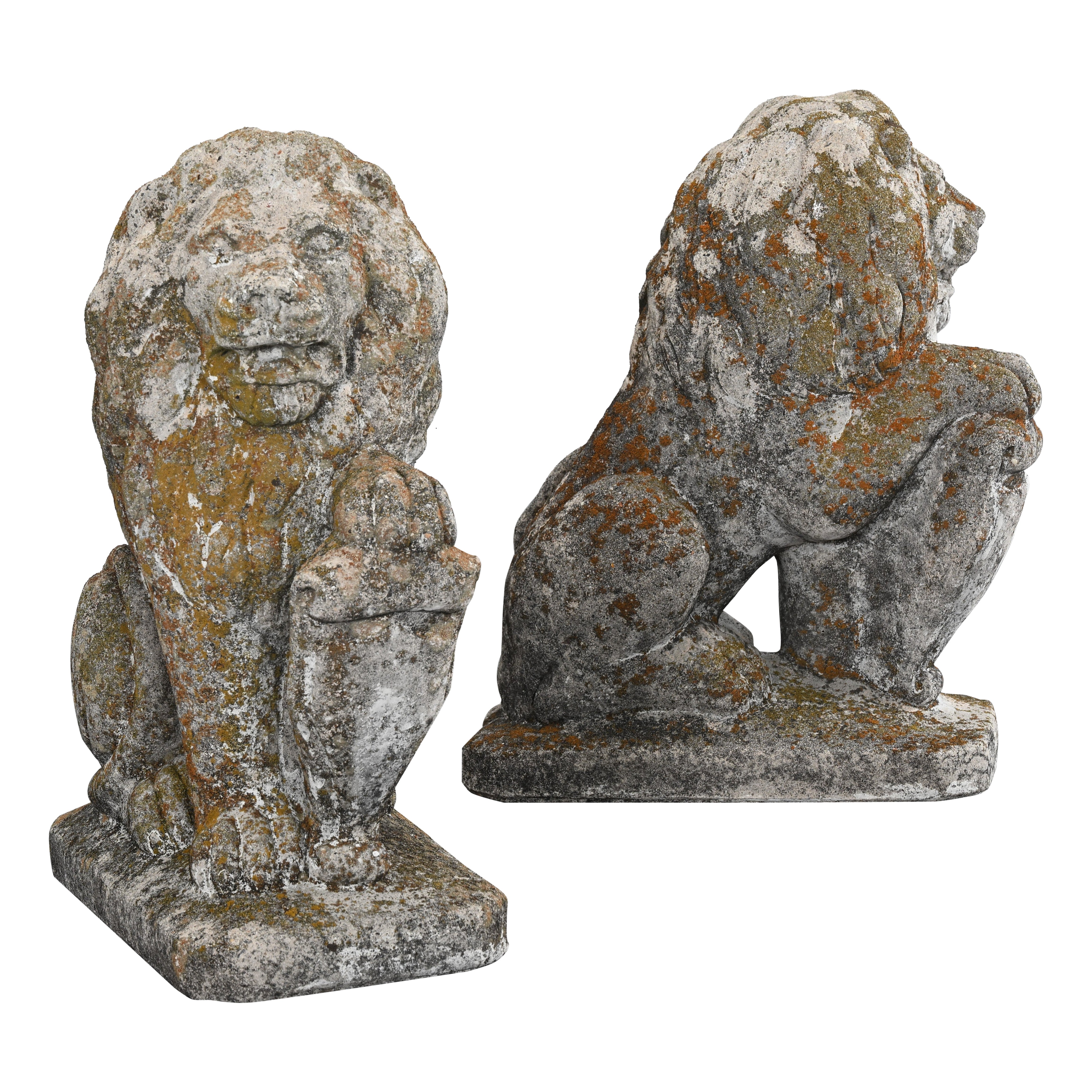 Pair of Stately Cast Stone Lions, 20th Century For Sale
