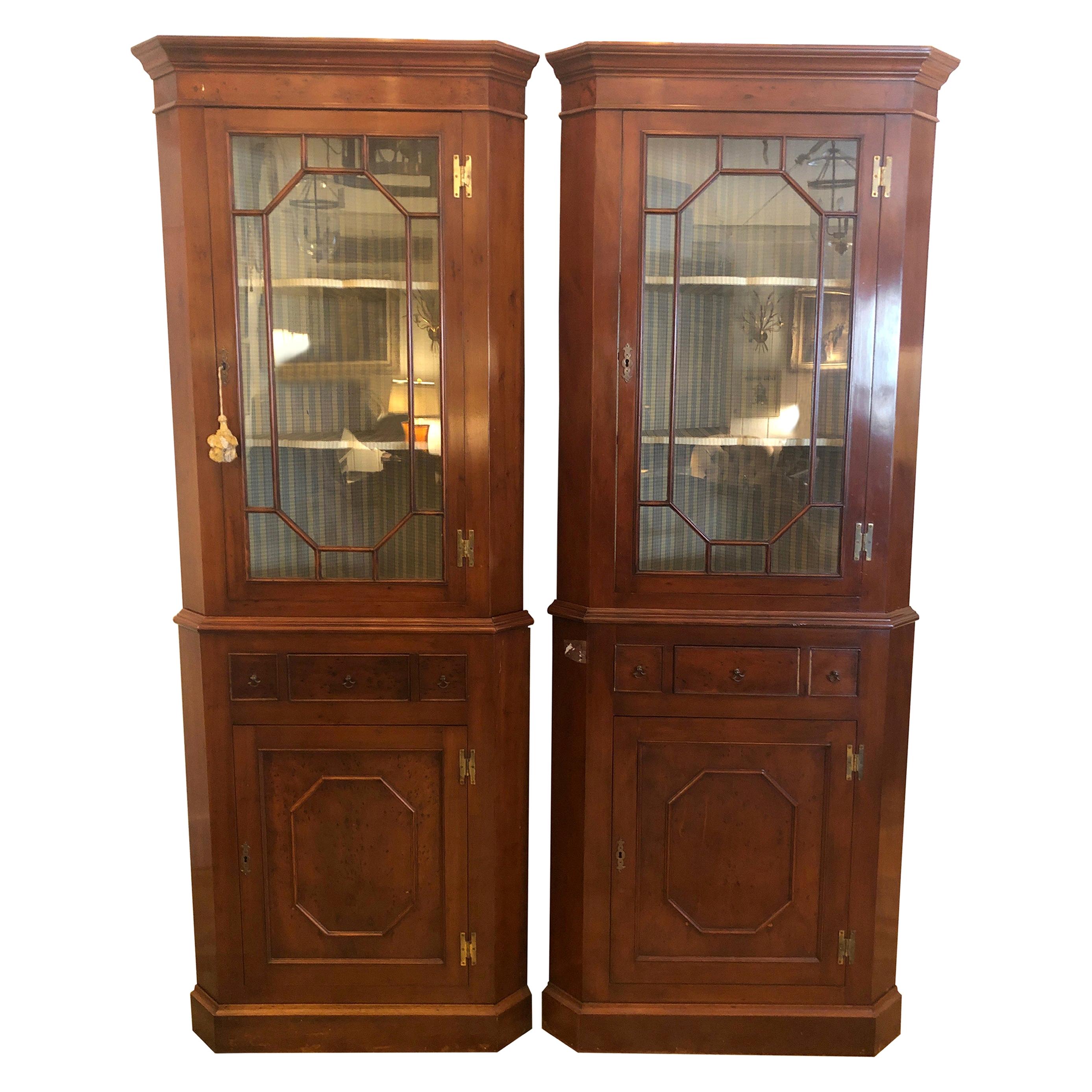 Pair of Stately Chippendale Style Mahogany and Glass Doored Corner Cabinets