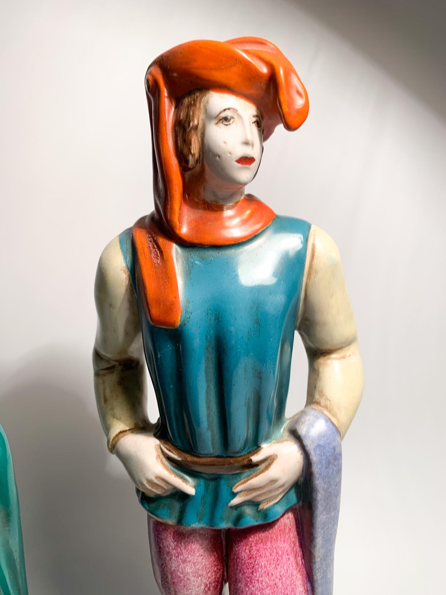 Mid-Century Modern Pair of Statues of a Lady and a Gentleman in Ceramic by Zaccagnini 1940 For Sale