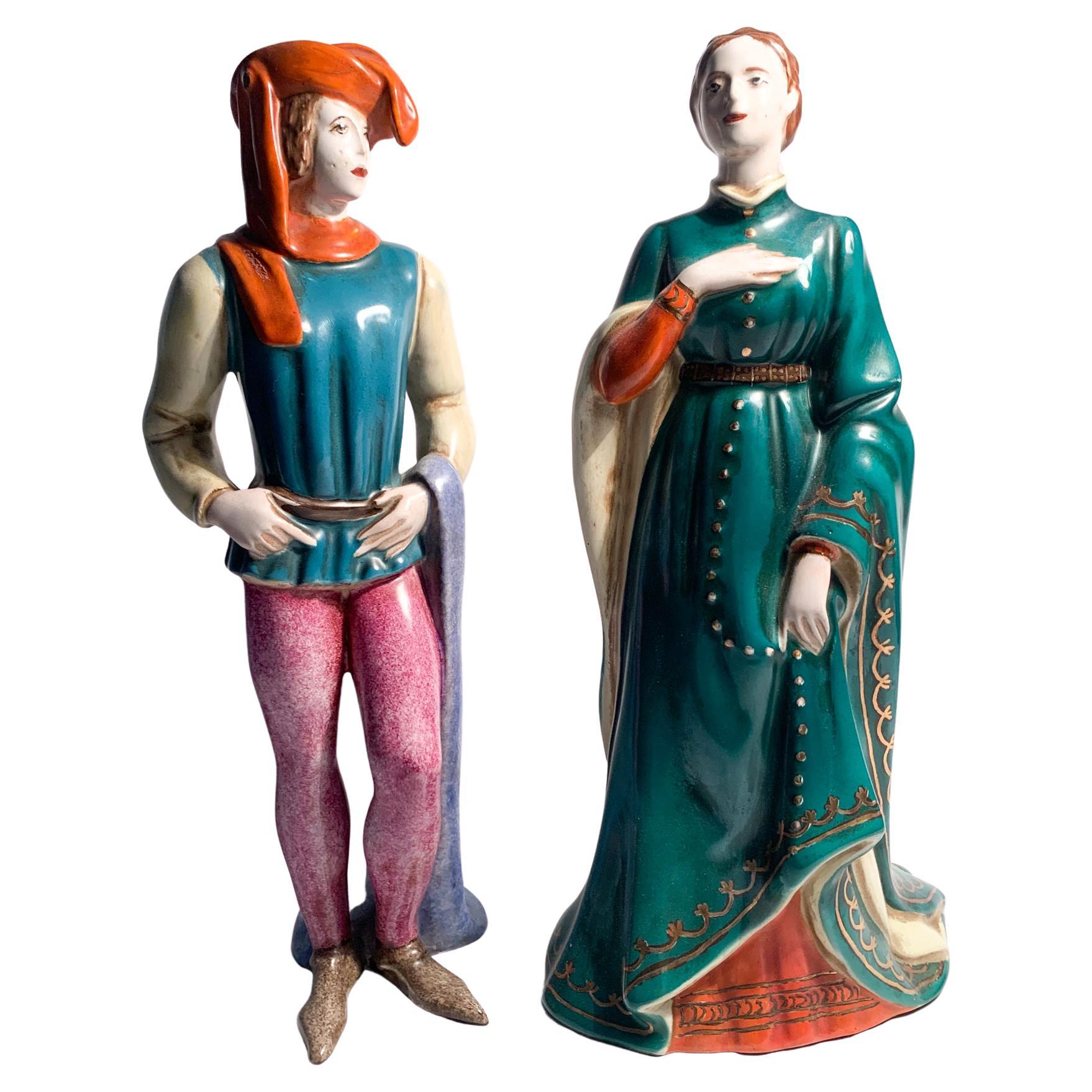 Pair of Statues of a Lady and a Gentleman in Ceramic by Zaccagnini 1940 For Sale