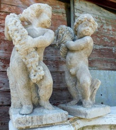 Pair of Statues Sculptures of Stone Cherubs, Italy