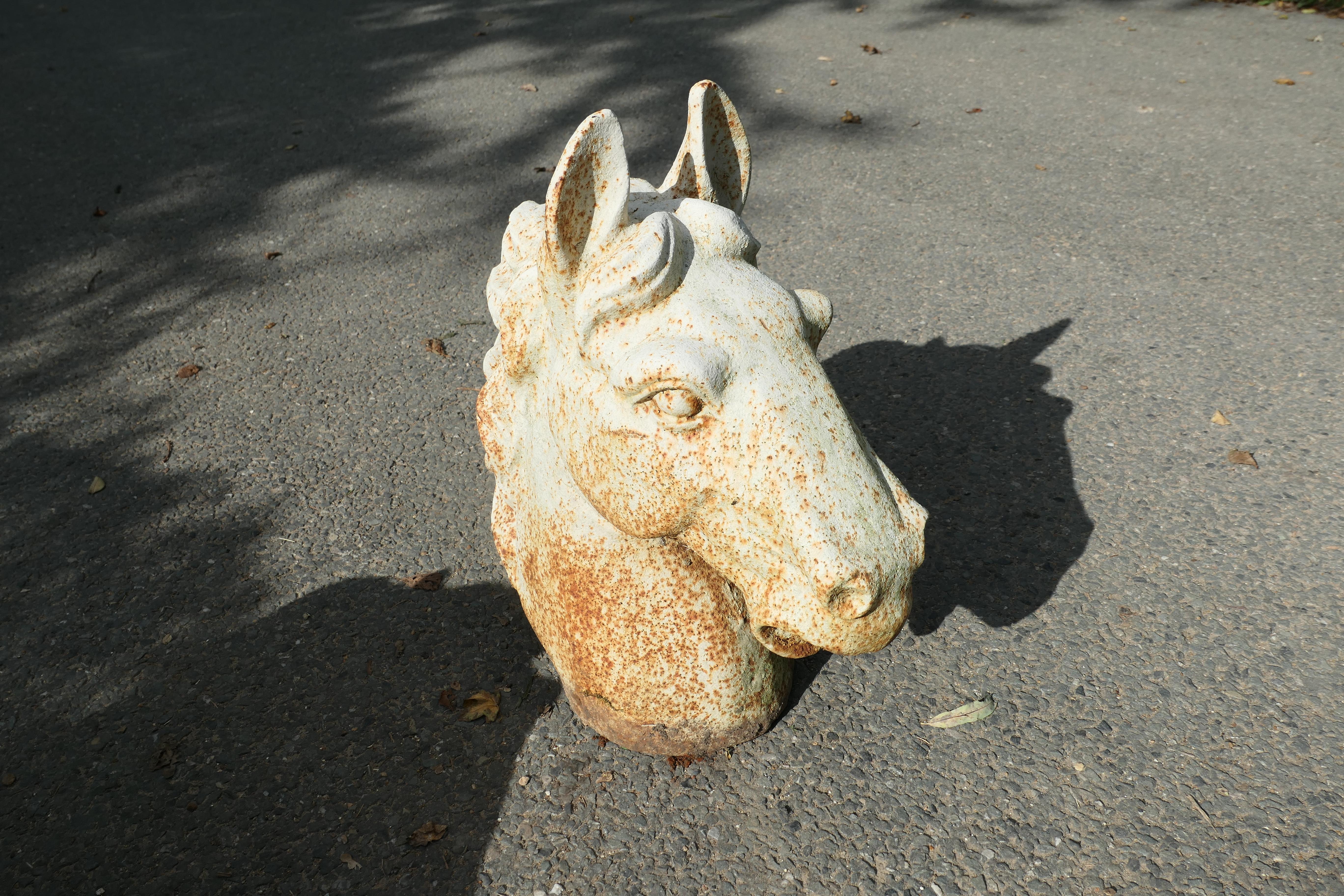 Inizio XX secolo Coppia di terminali per cancelli con testa di cavallo in ghisa statuaria in vendita