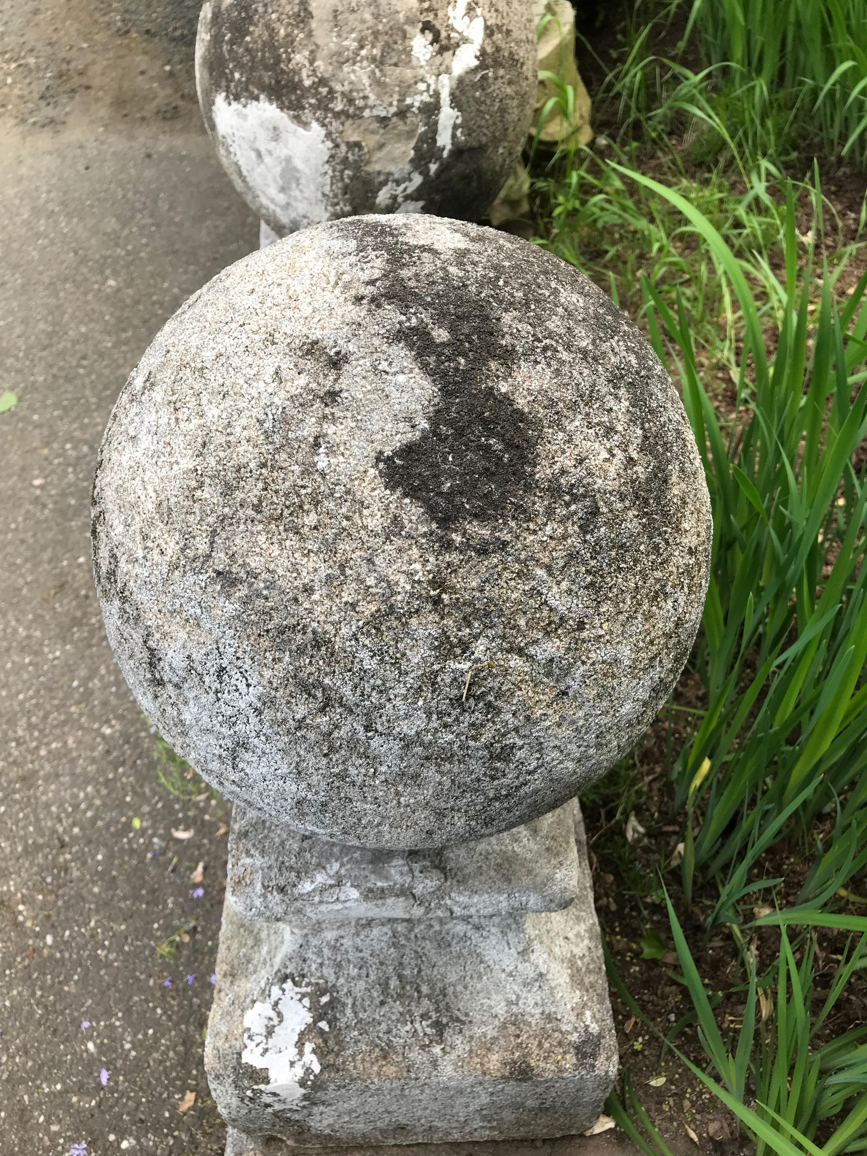 Pair of Statuesque French 18th Century Hand Carved Limestone French Ball Finials 12