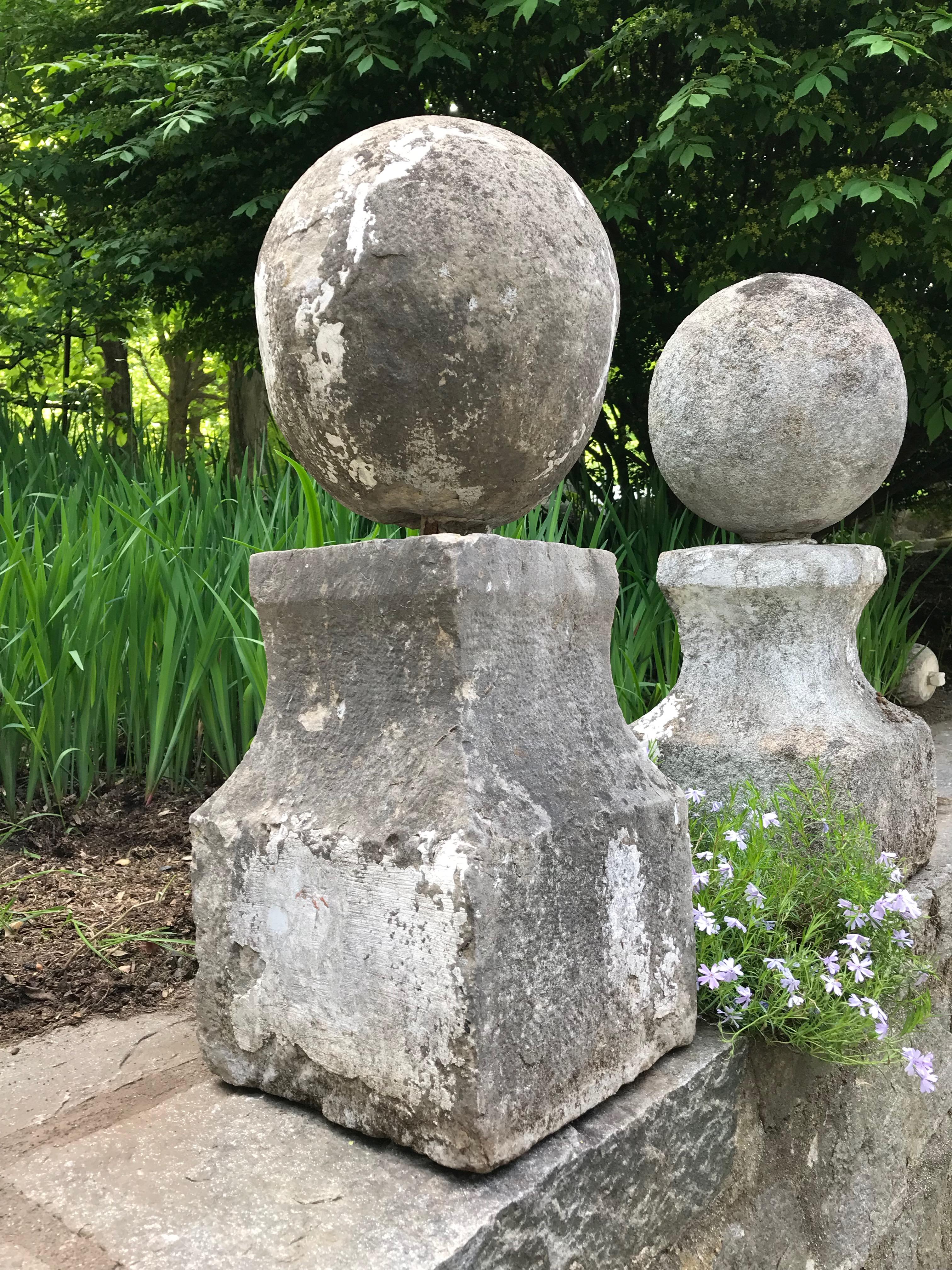 Pair of Statuesque French 18th Century Hand Carved Limestone French Ball Finials 2