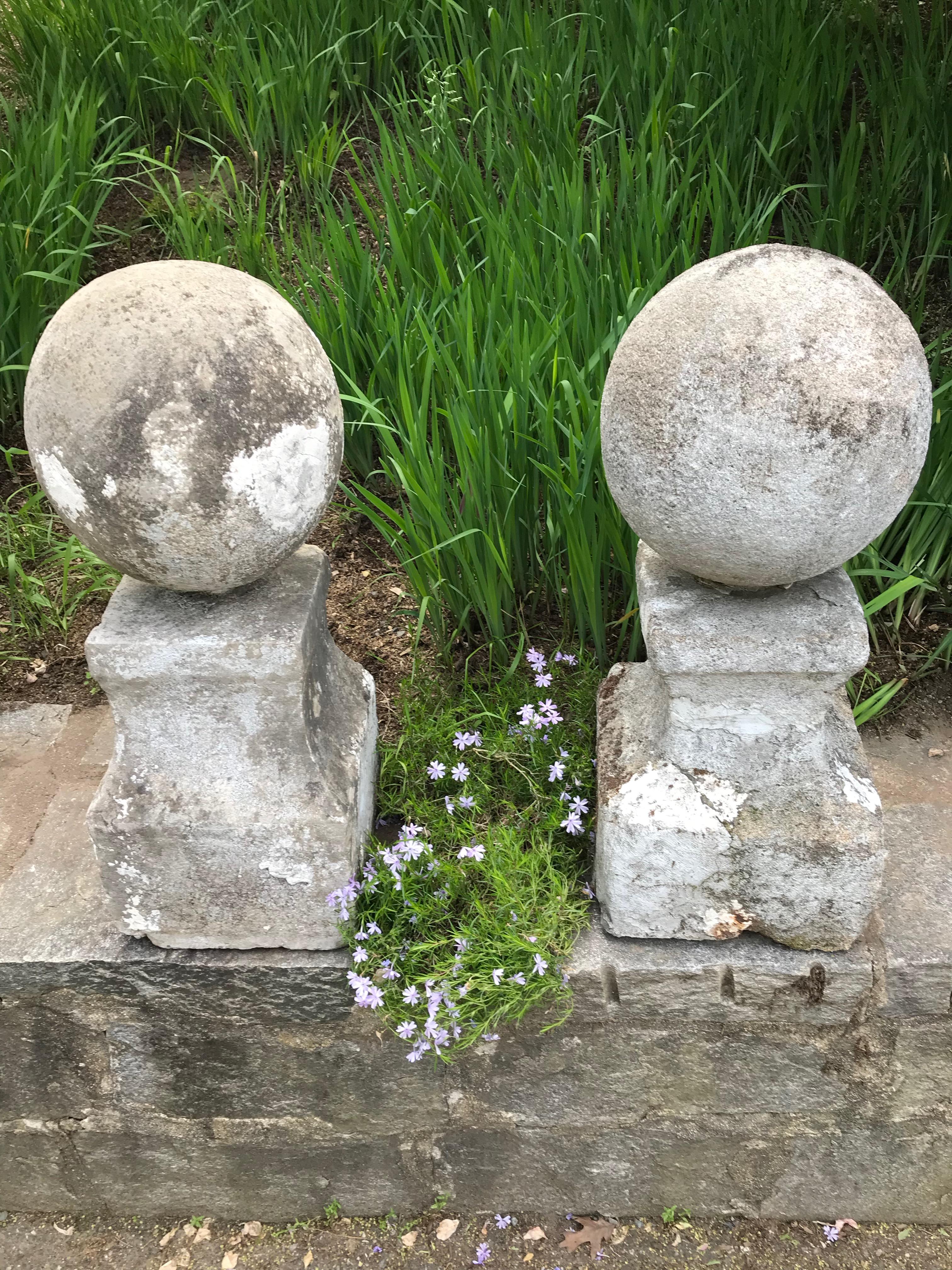 Pair of Statuesque French 18th Century Hand Carved Limestone French Ball Finials 4