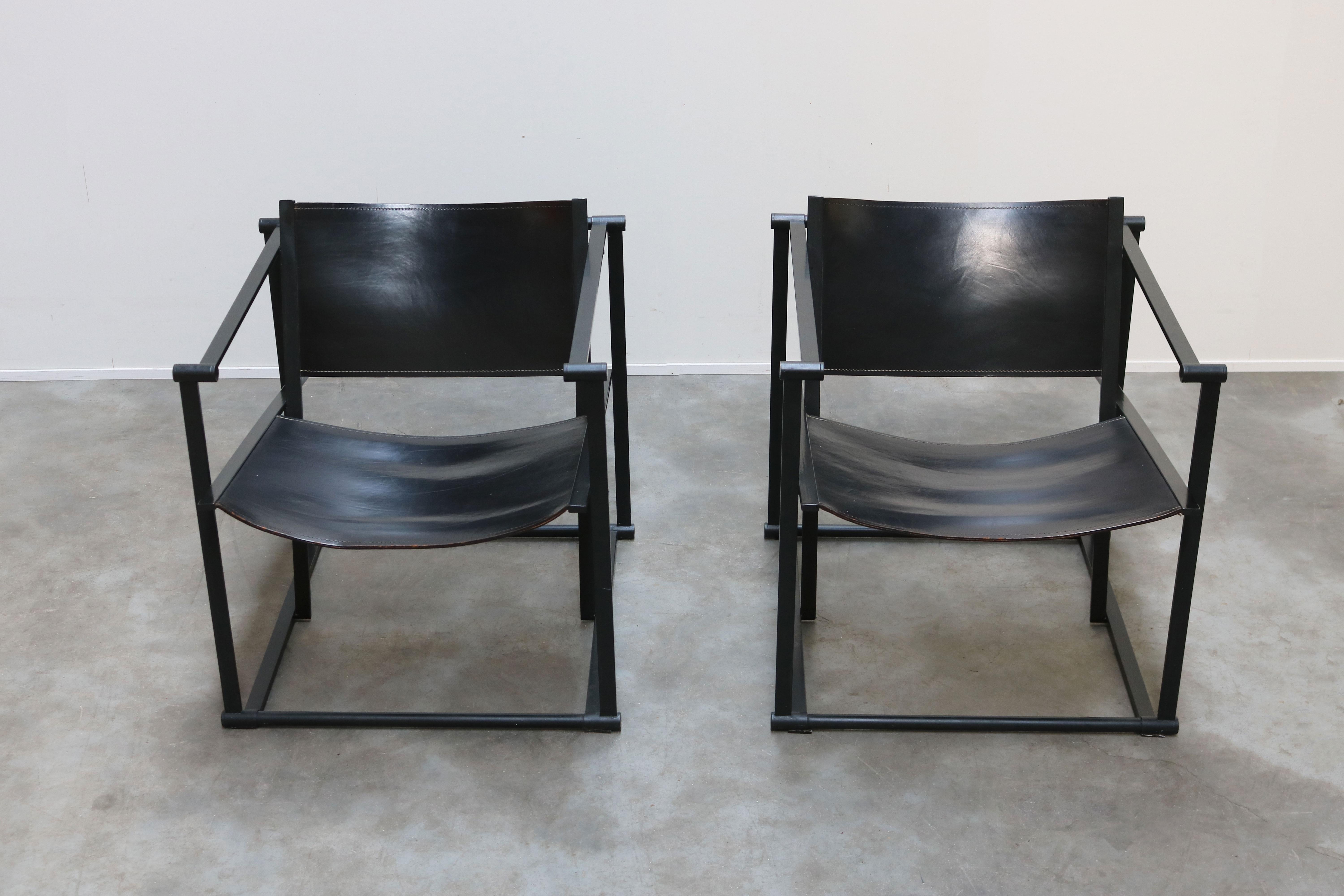 Mid-Century Modern Pair of Steel and Black Leather FM62 Chairs by Radboud Van Beekum for Pastoe