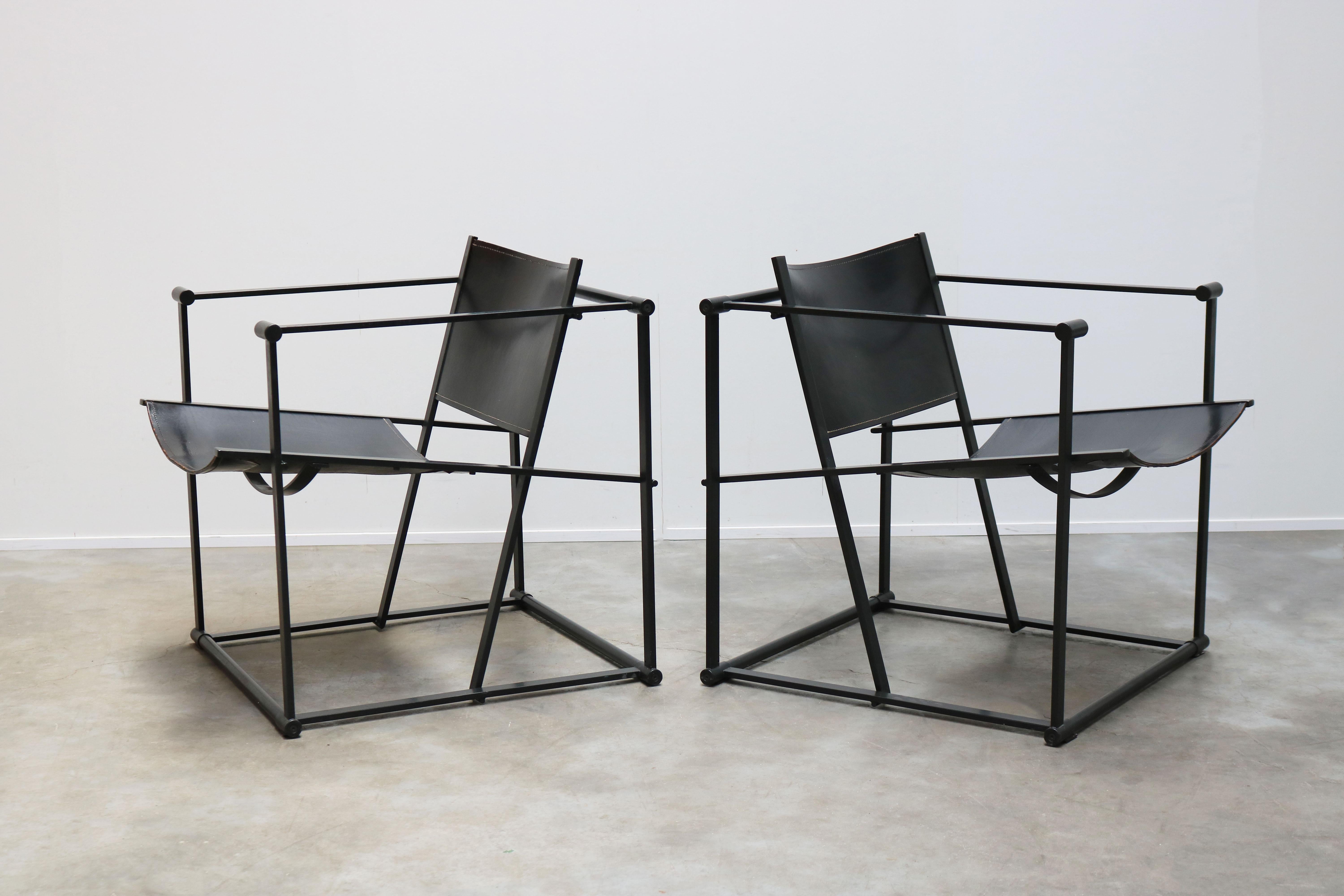Dutch Pair of Steel and Black Leather FM62 Chairs by Radboud Van Beekum for Pastoe