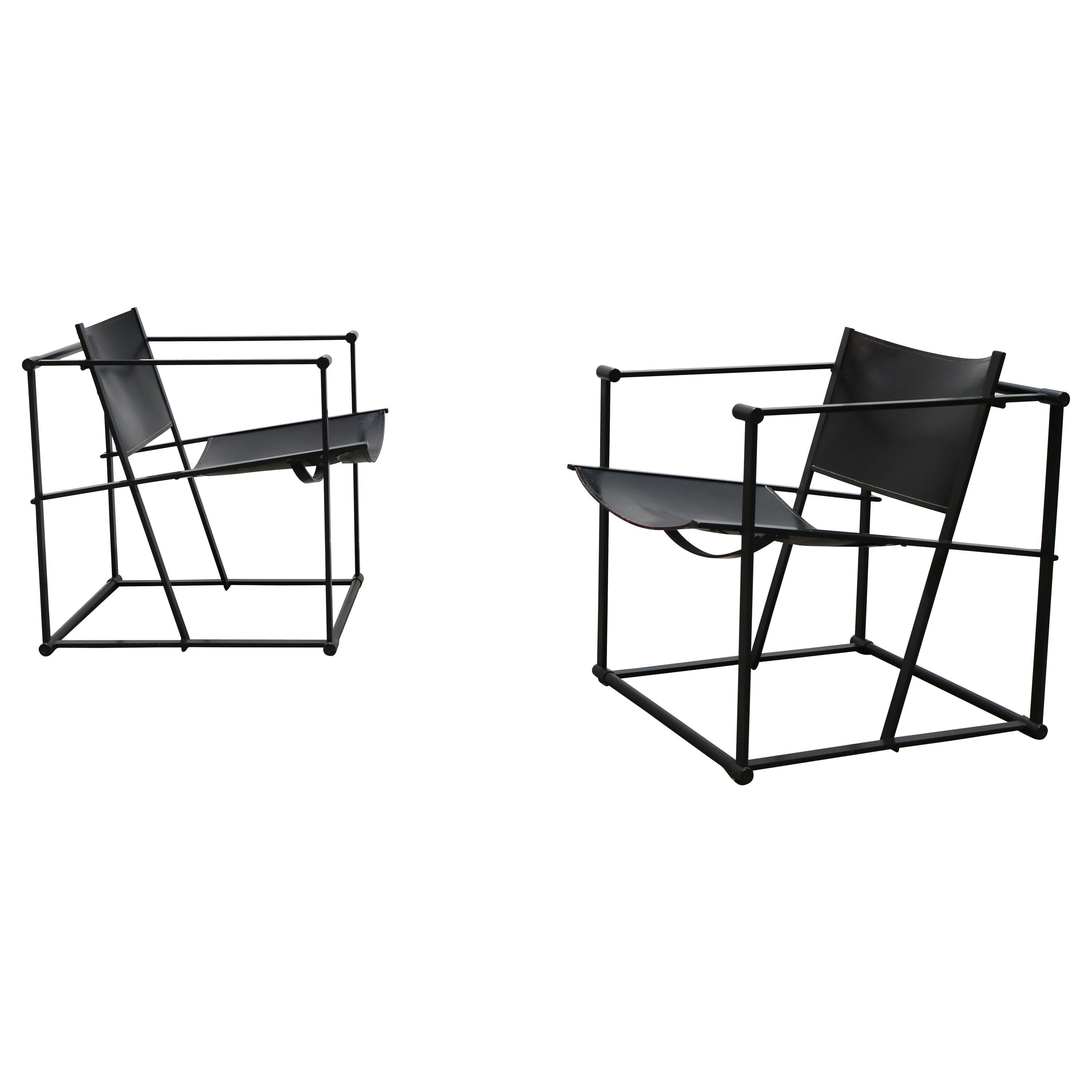 Pair of Steel and Black Leather FM62 Chairs by Radboud Van Beekum for Pastoe