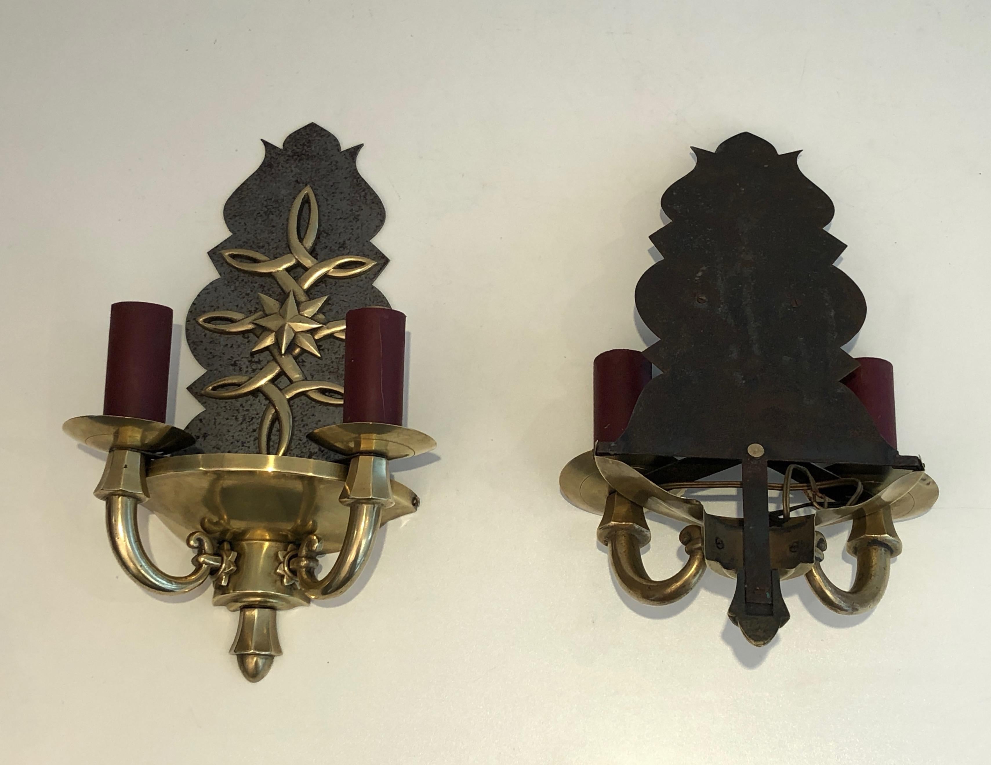 Pair of Steel and Brass Art Deco Wall Lights, in the Style of Jules Leleu For Sale 5