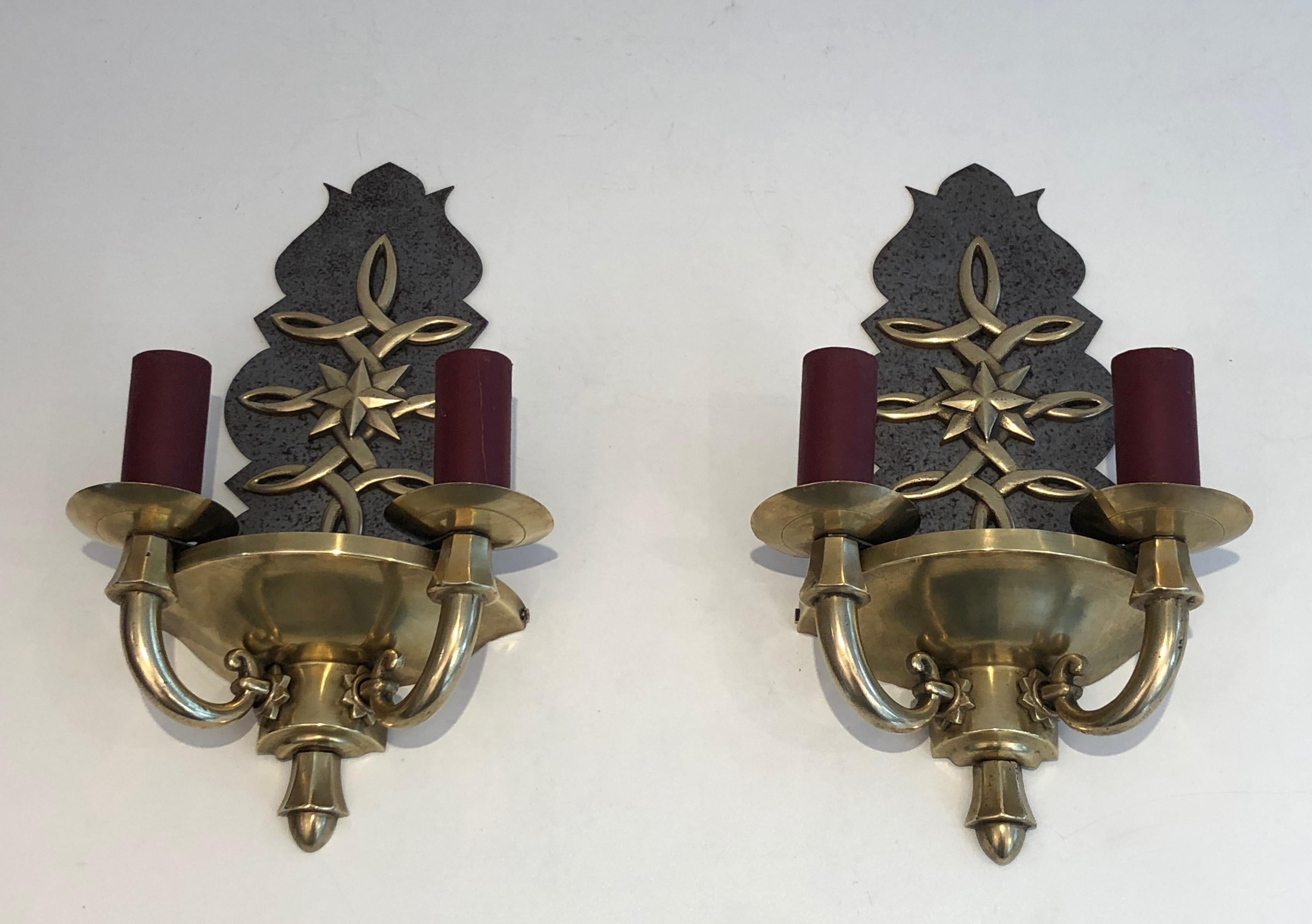Pair of Steel and Brass Art Deco Wall Lights, in the Style of Jules Leleu For Sale 7