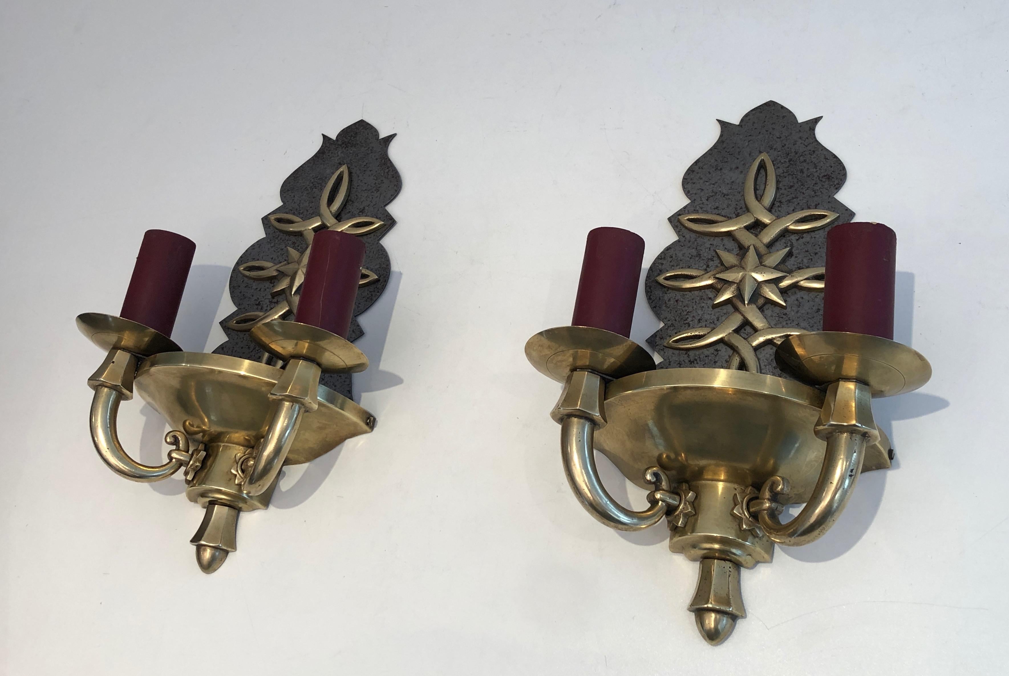 Pair of Steel and Brass Art Deco Wall Lights, in the Style of Jules Leleu For Sale 8