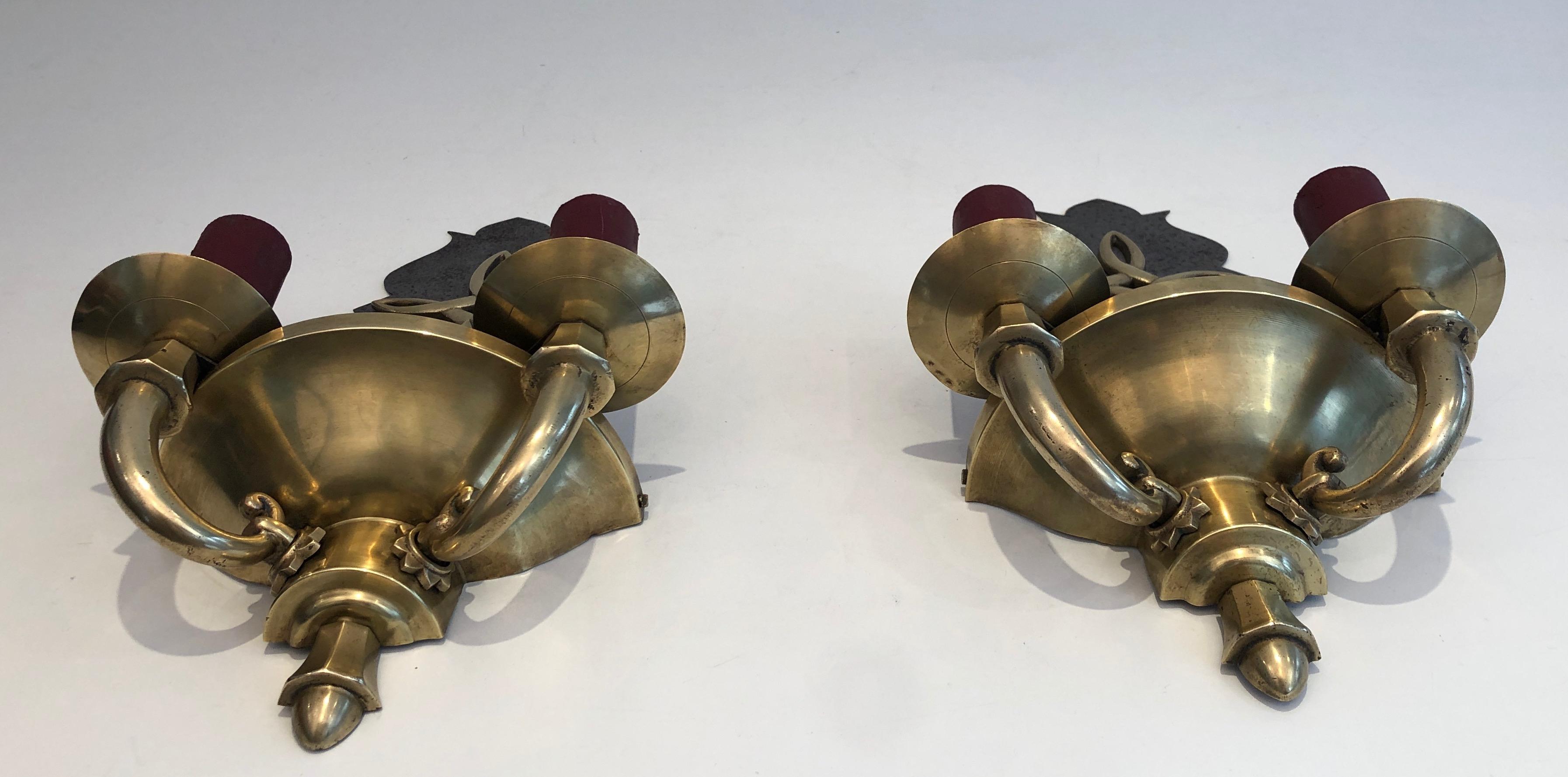 Pair of Steel and Brass Art Deco Wall Lights, in the Style of Jules Leleu For Sale 9