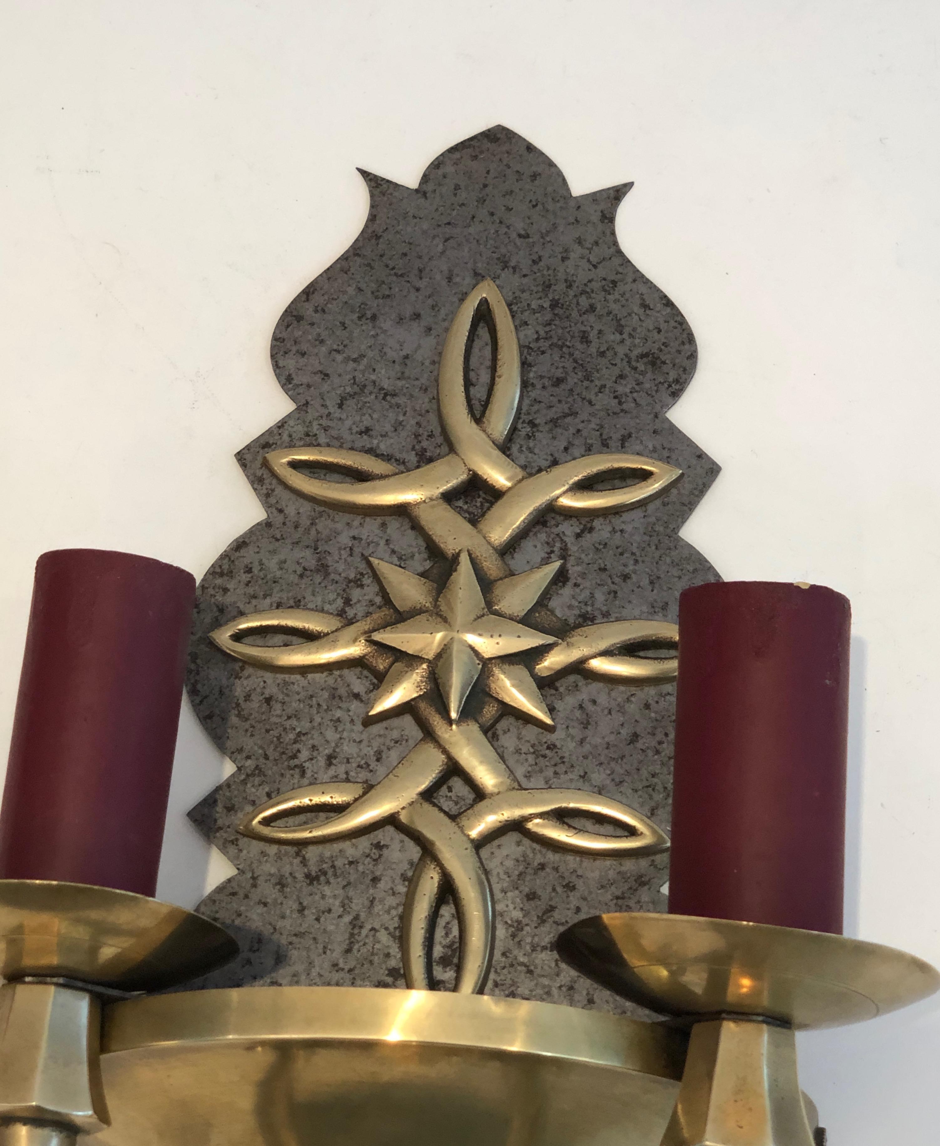 Pair of Steel and Brass Art Deco Wall Lights, in the Style of Jules Leleu For Sale 11