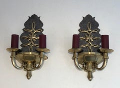 Pair of Steel and Brass Art Deco Wall Lights, in the Style of Jules Leleu