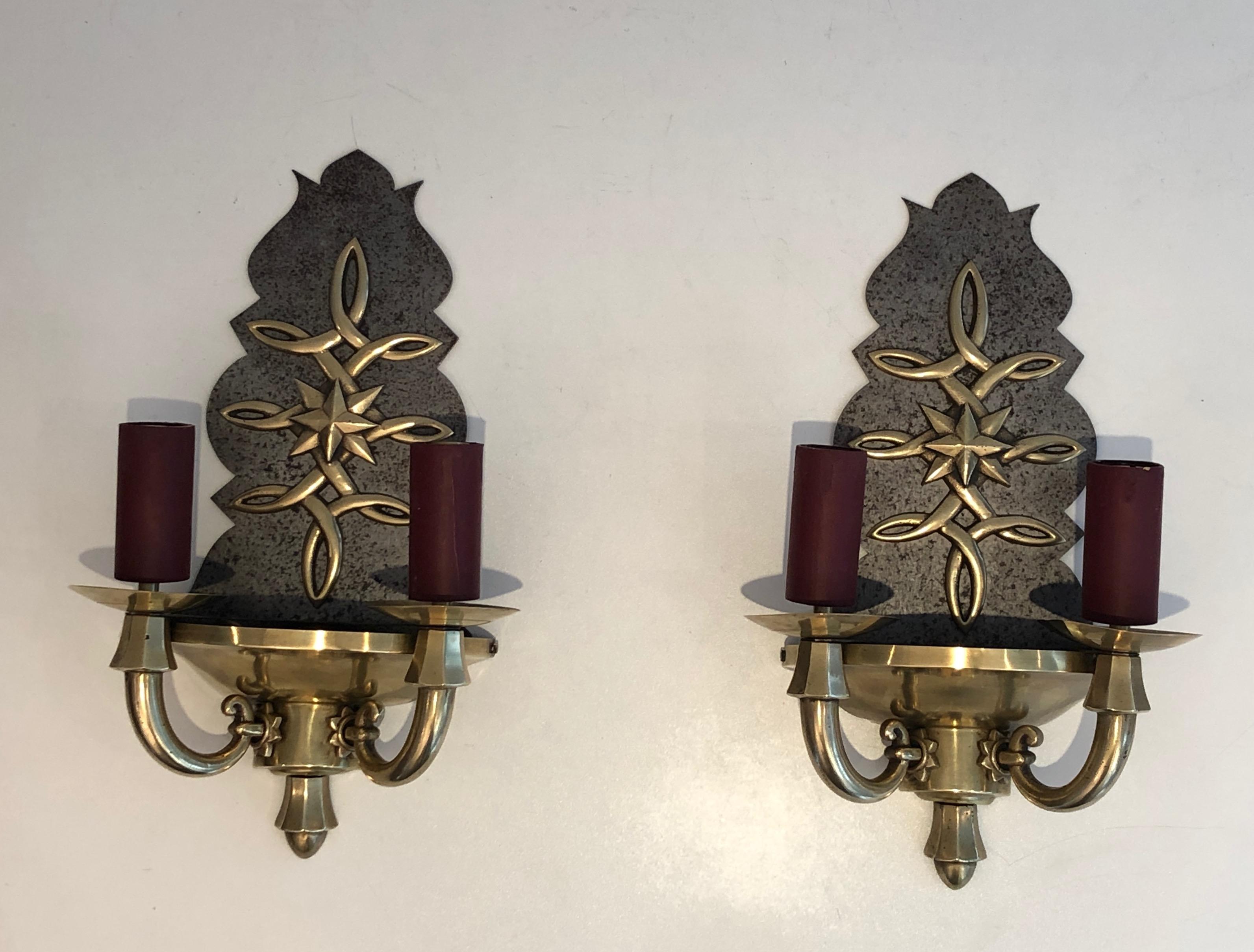 Pair of Steel and Brass Art Deco Wall Lights, in the Style of Jules Leleu For Sale 14
