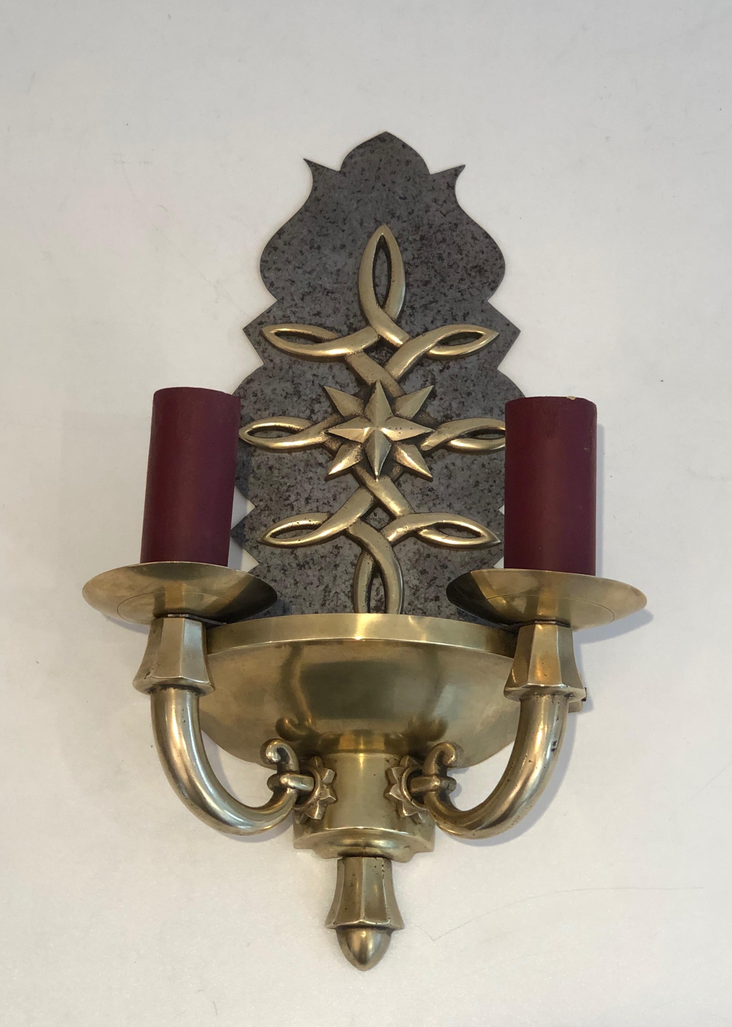 French Pair of Steel and Brass Art Deco Wall Lights, in the Style of Jules Leleu For Sale