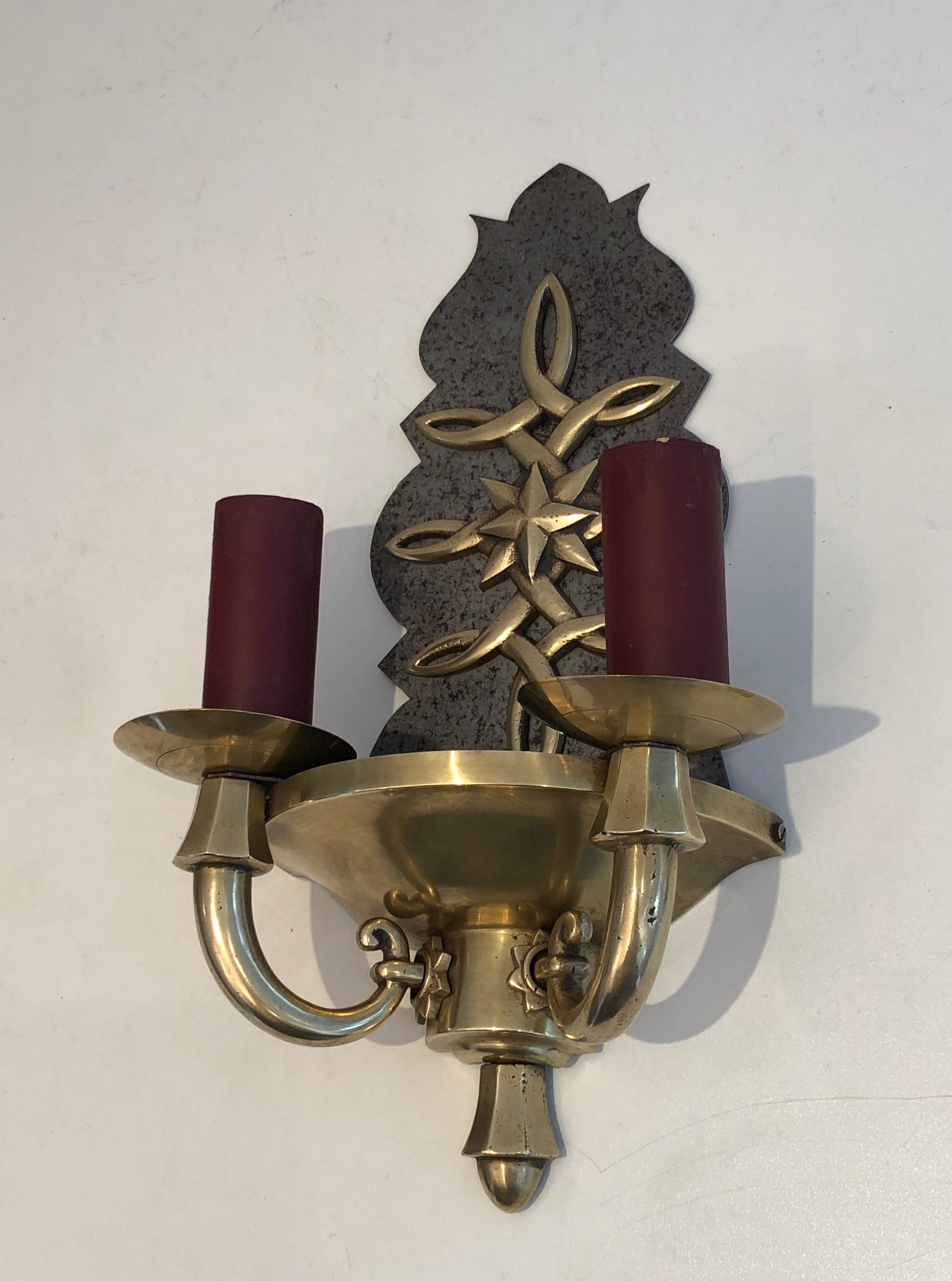 Brushed Pair of Steel and Brass Art Deco Wall Lights, in the Style of Jules Leleu For Sale