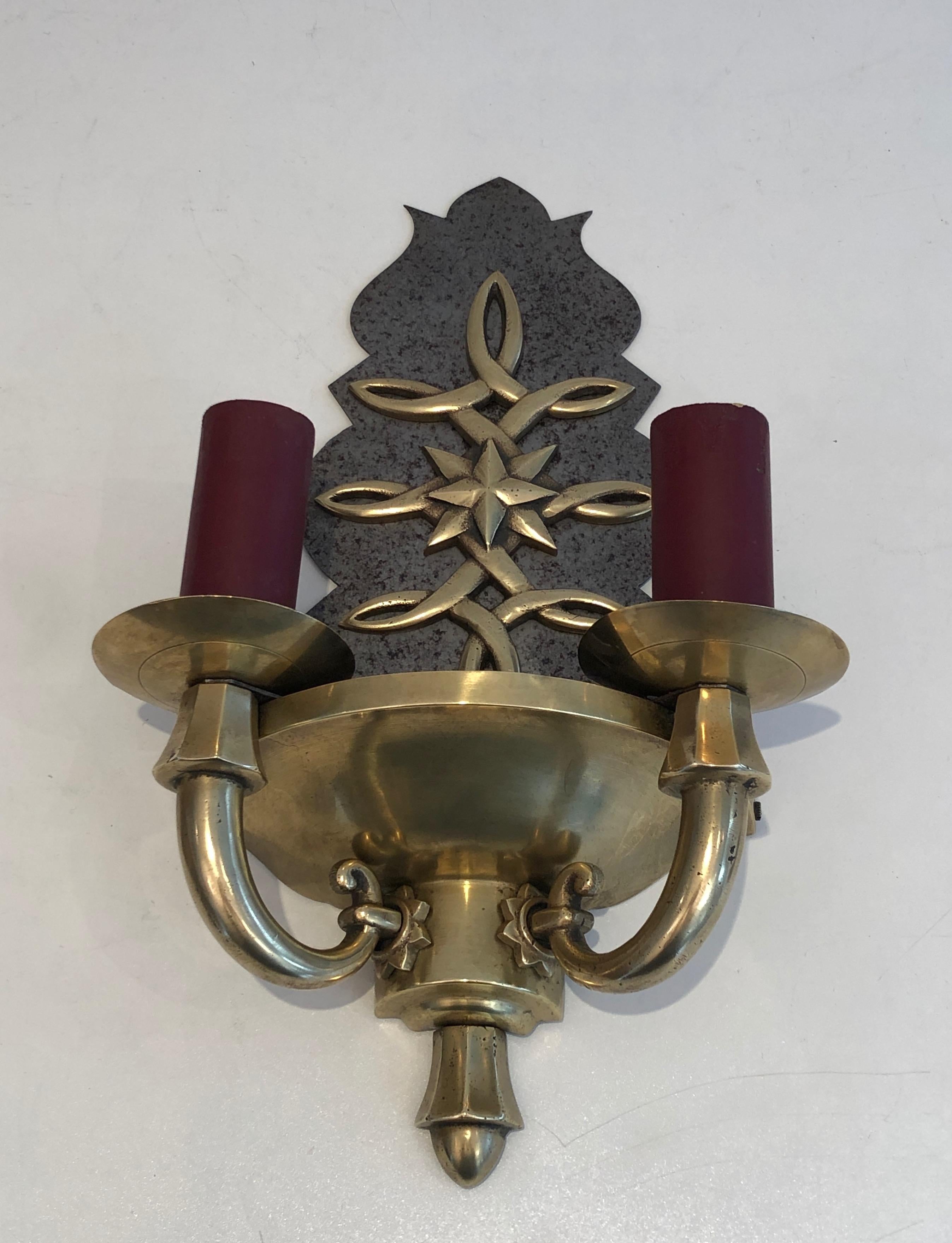 Mid-20th Century Pair of Steel and Brass Art Deco Wall Lights, in the Style of Jules Leleu For Sale