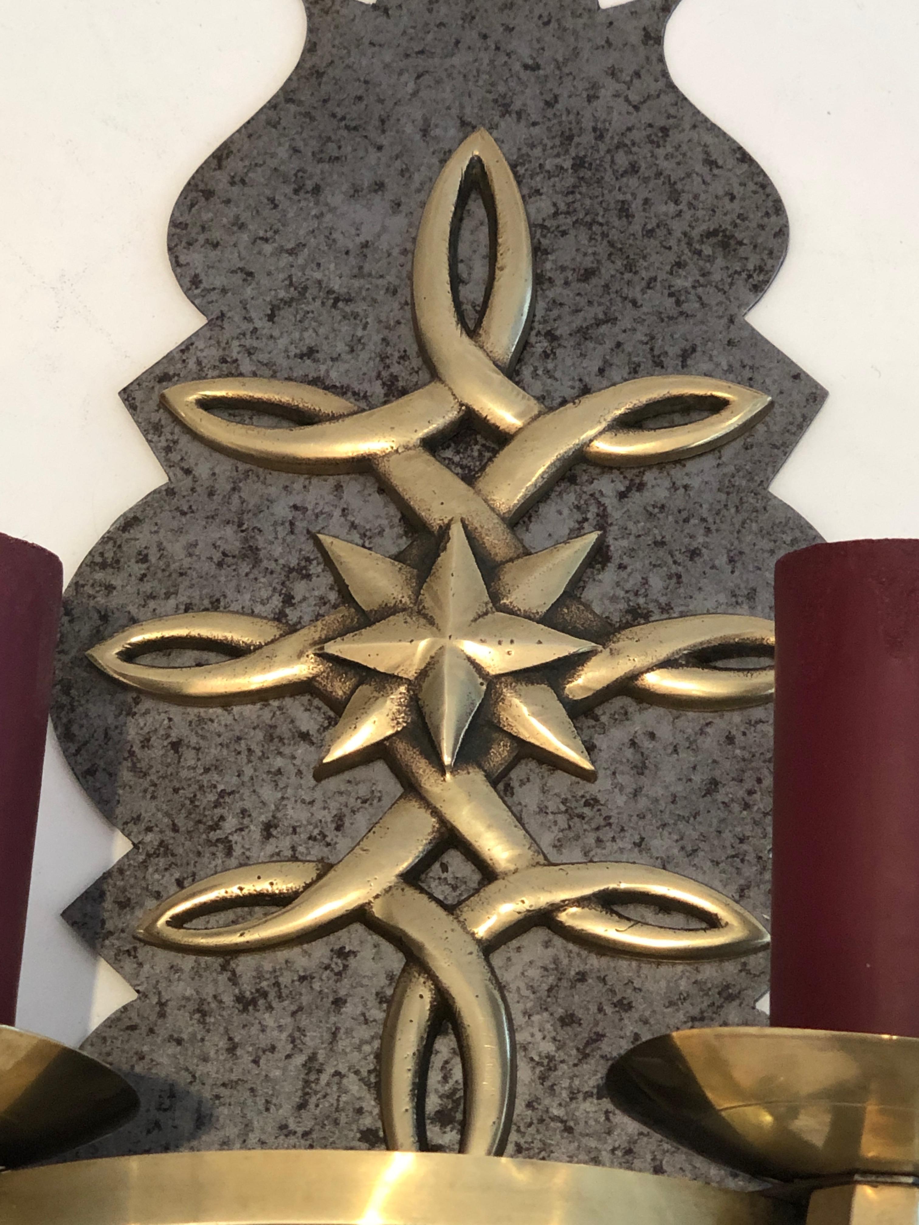 Pair of Steel and Brass Art Deco Wall Lights, in the Style of Jules Leleu For Sale 1