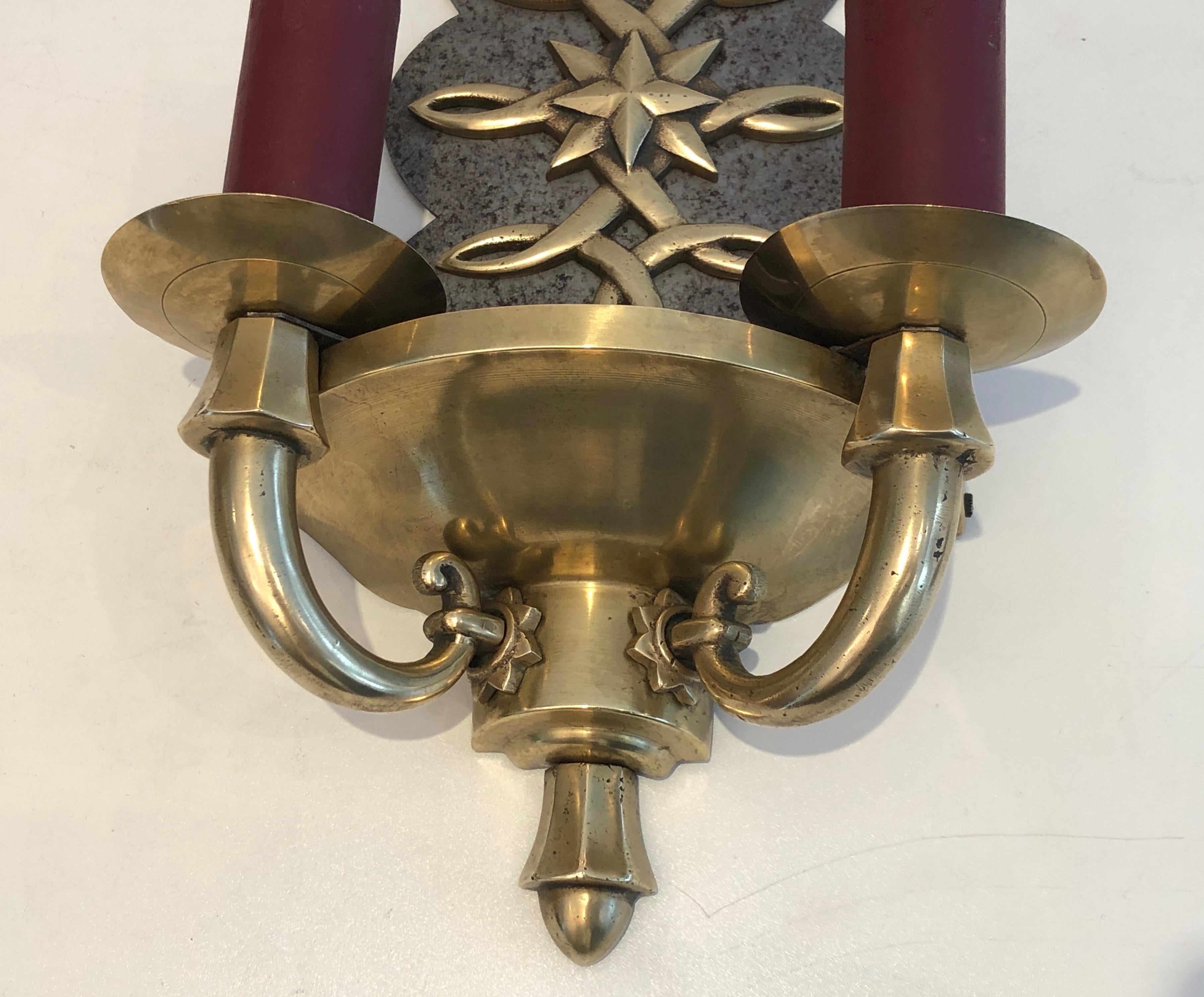 Pair of Steel and Brass Art Deco Wall Lights, in the Style of Jules Leleu For Sale 2