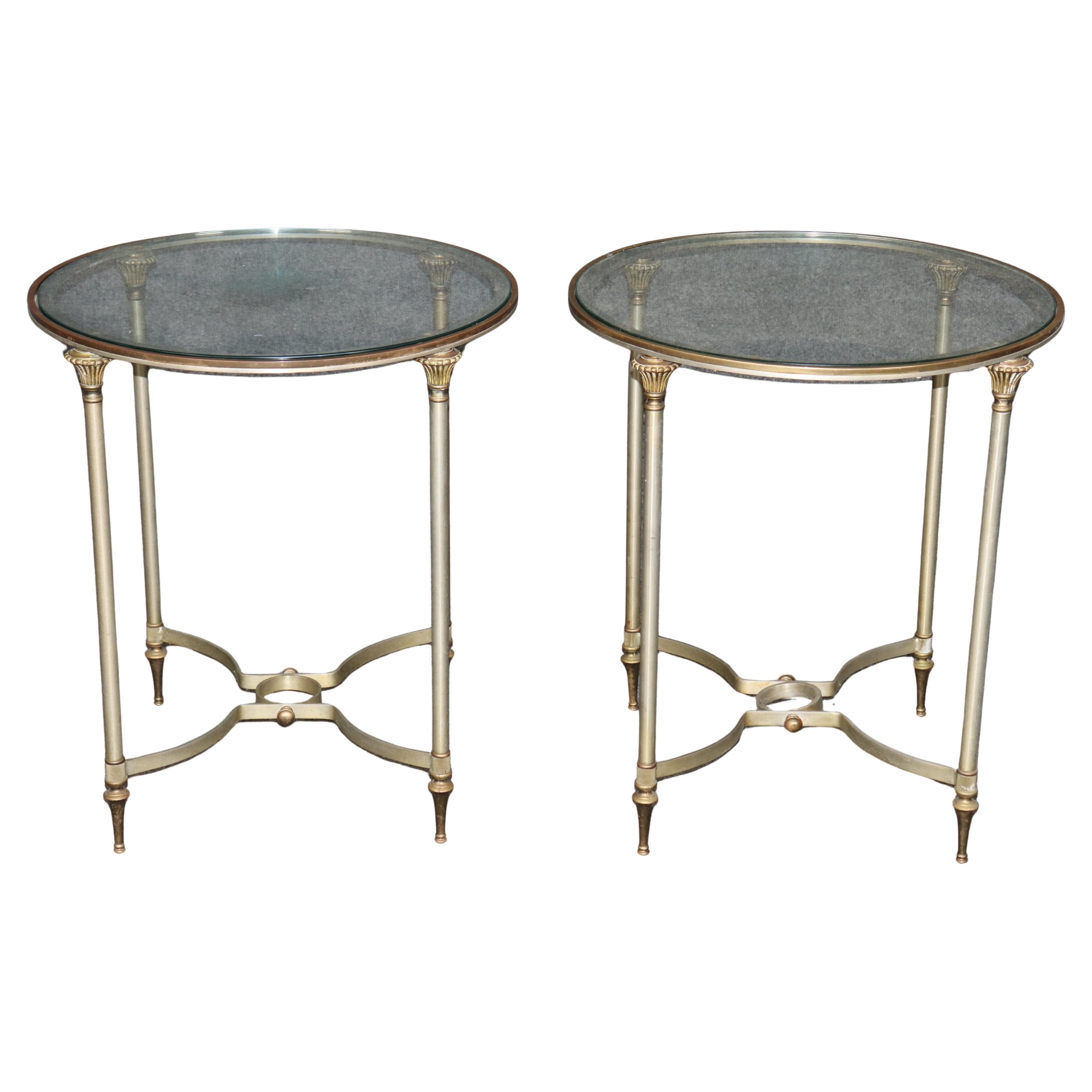 Pair of Steel and Brass Circular Maison Jansen Attributed End Tables Gueridons