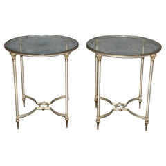 Pair of Steel and Brass Circular Maison Jansen Attributed End Tables Gueridons