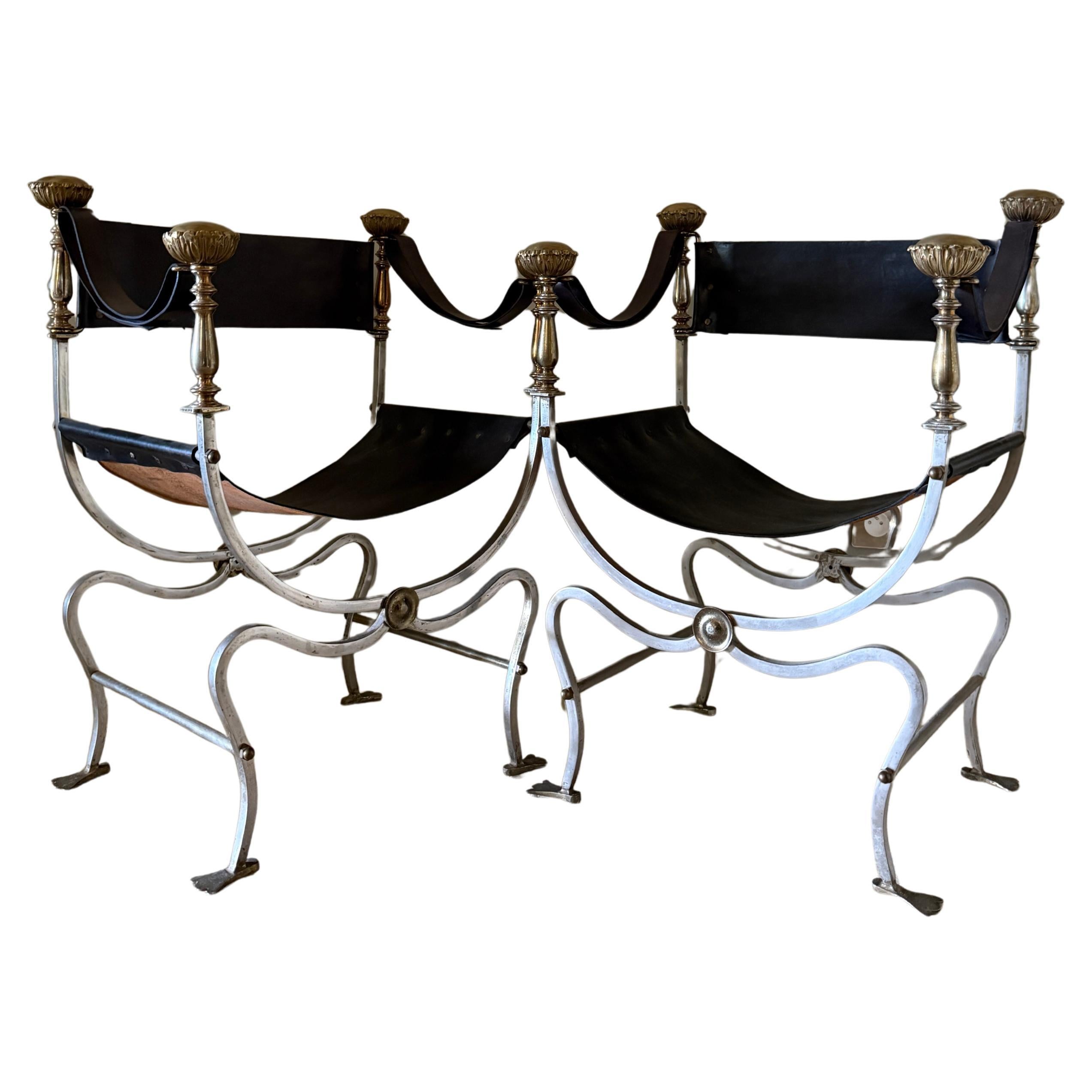Pair of steel and brass french armchairs attributed to Maison Jansen For Sale