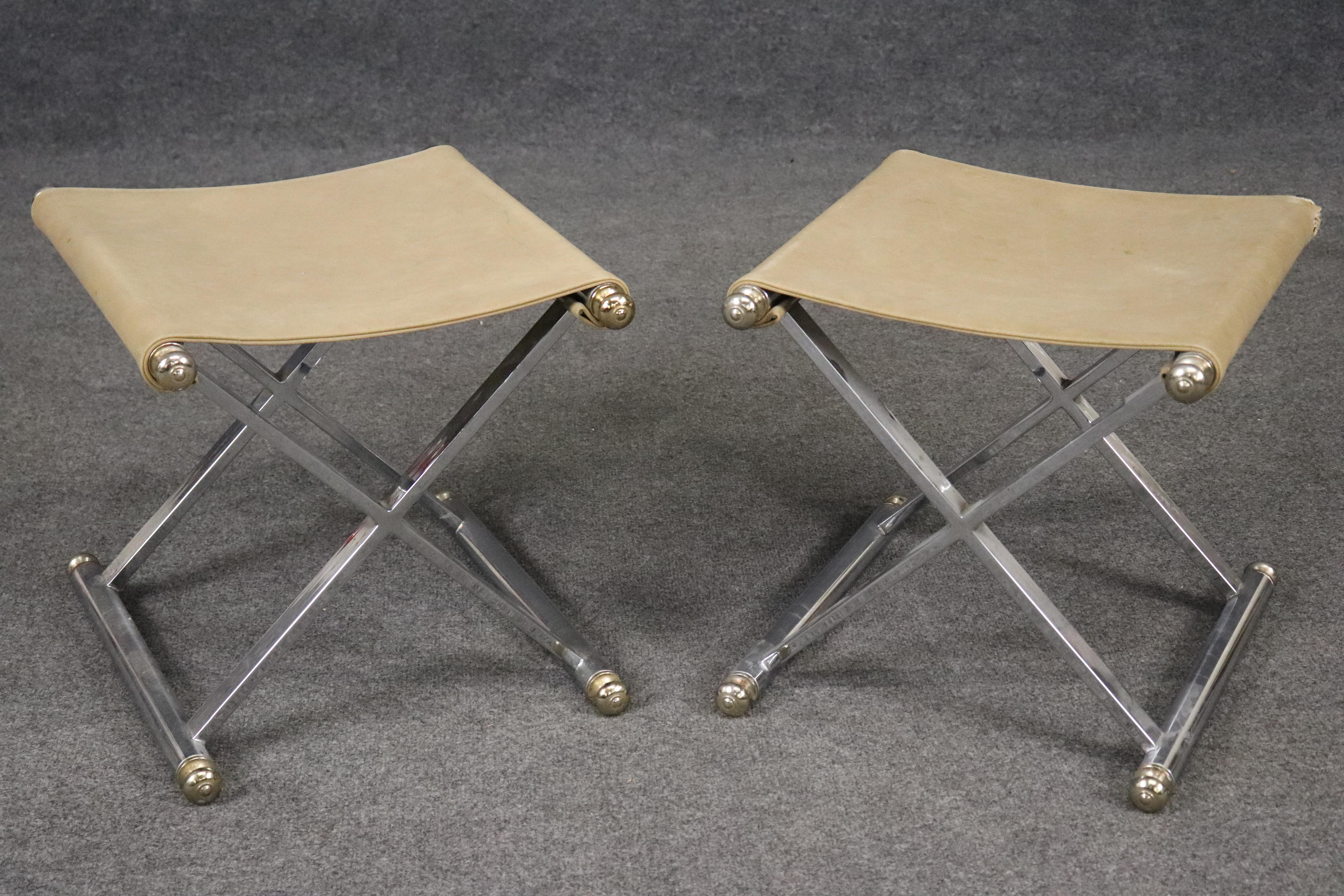 This is a fantastic pair of Maison Jansen style X form benches. We have two pairs of these. They are listed separately. The X form is a classic Jansen style and while we can not say they are Jansen they certainly look like they are. The finish is