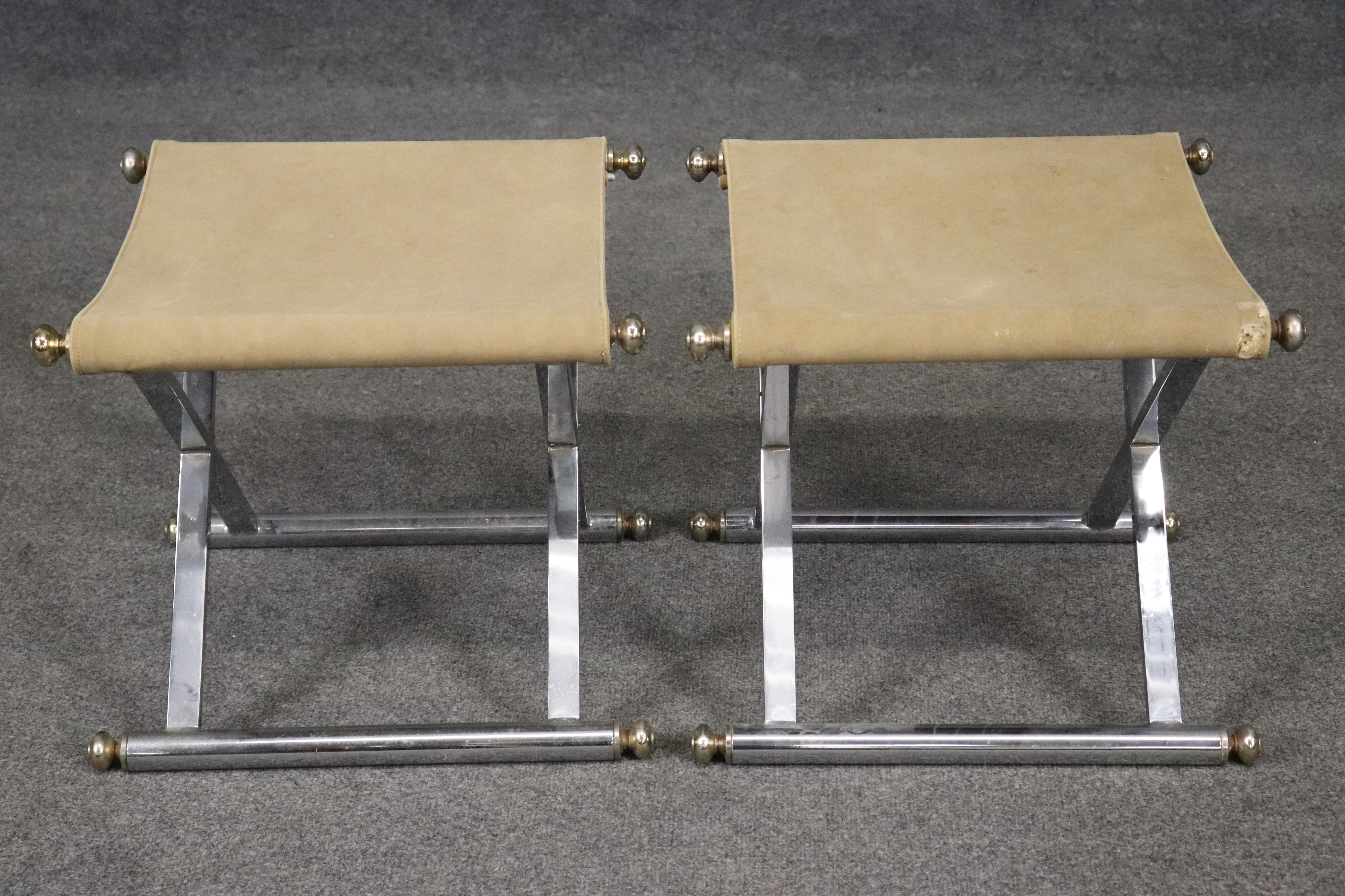 Mid-Century Modern Pair of Steel and Brass maison Jansen Style X Form Benches with Leather For Sale