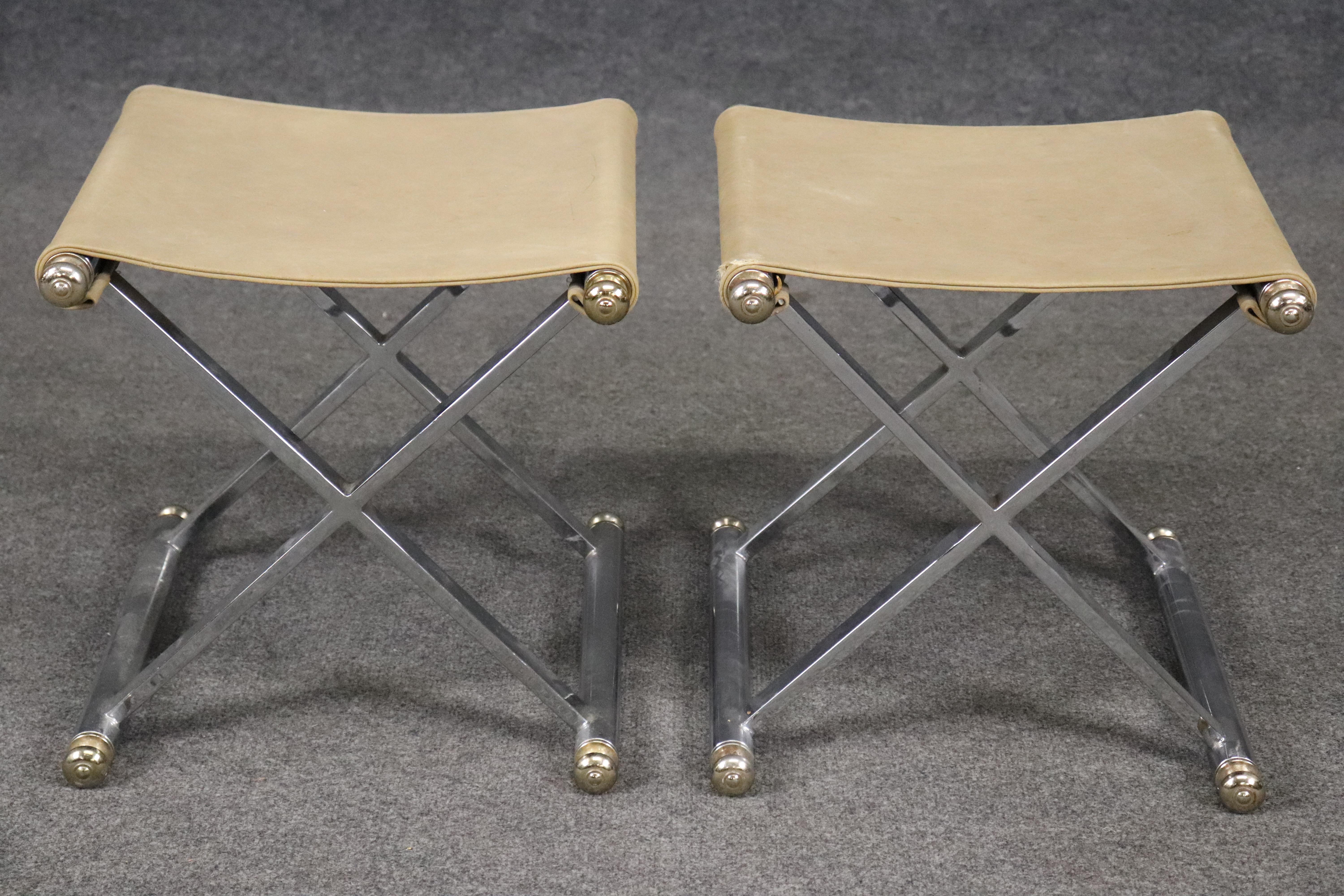 Italian Pair of Steel and Brass maison Jansen Style X Form Benches with Leather For Sale